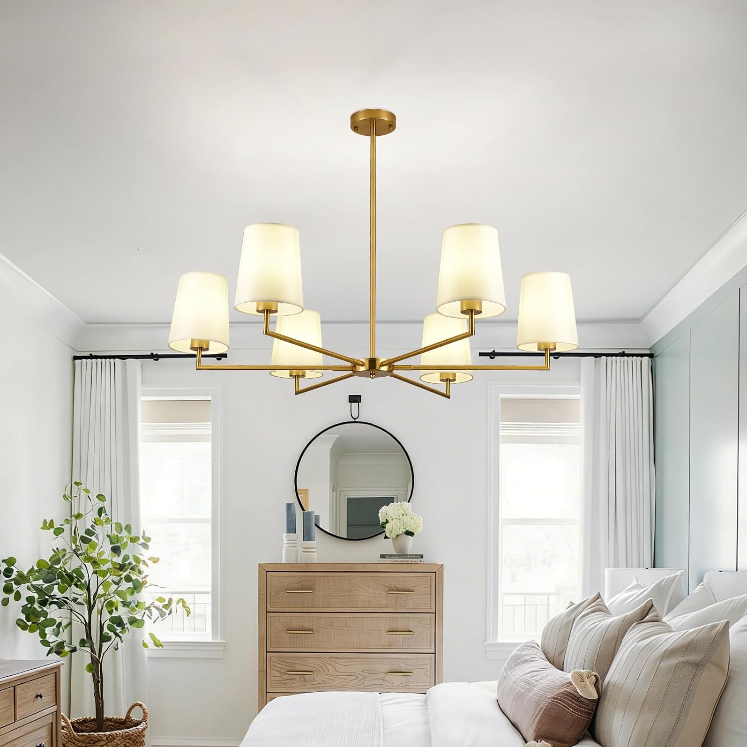 38" Brushed Gold Chandeliers for Dining Room:6-Light Modern Farmhouse Chandelier, Brass Candle Style Hanging Light Fixture for Living Room Bedroom Kitchen Island Not Included