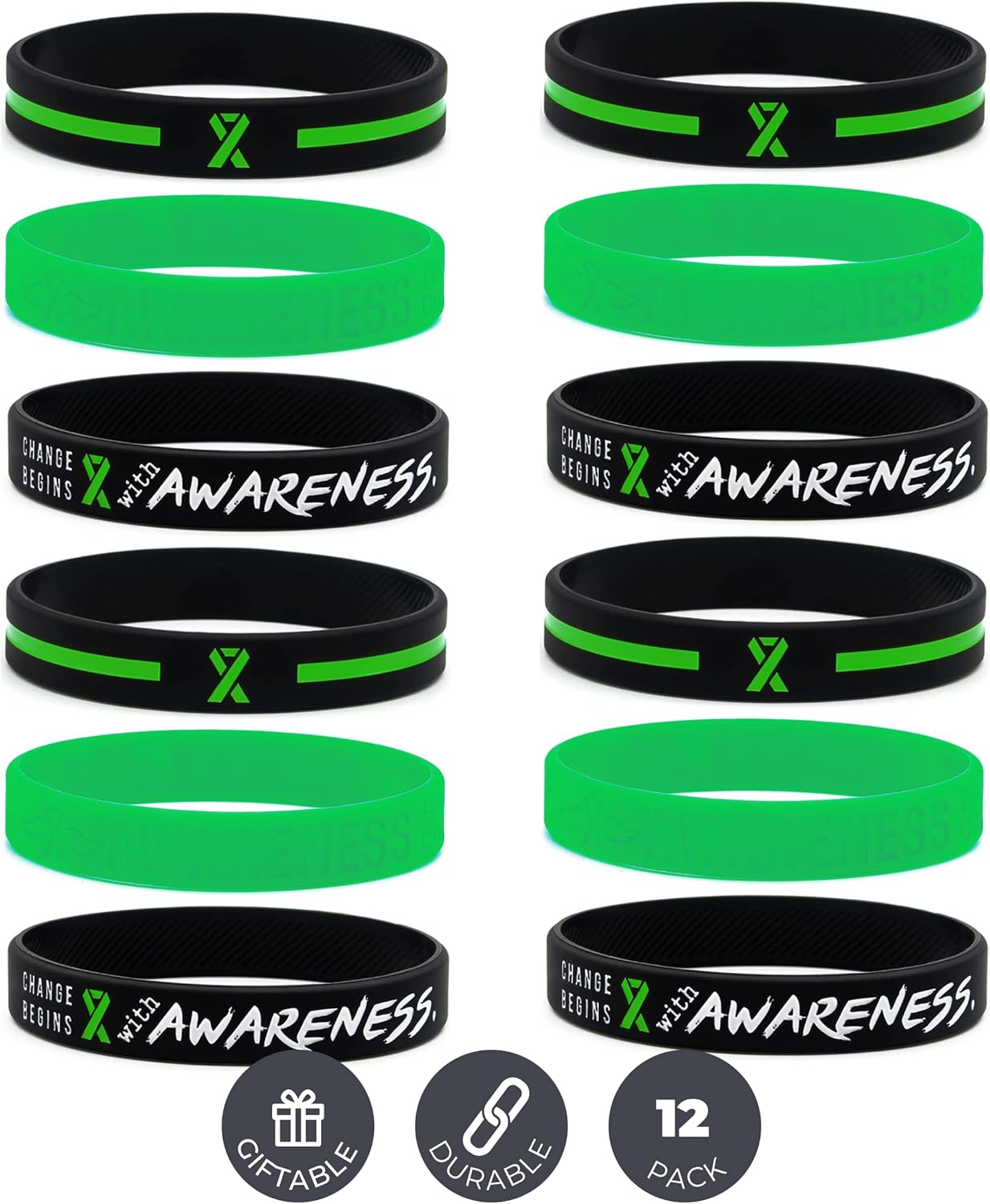 Inkstone Green Awareness Ribbon Bracelets, Variety Pack - Wholesale Pack of 12 Silicone Rubber Wristbands to Symbolize Hope, Courage, Strength, and Support - Unisex for Men Women