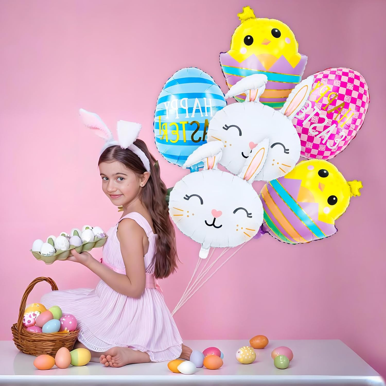 6PCS Easter-Bunny Balloons Rabbit Head Foil Balloons Easter Eggs Easter Mylar Bunny Birthday Party Supplies Decorations