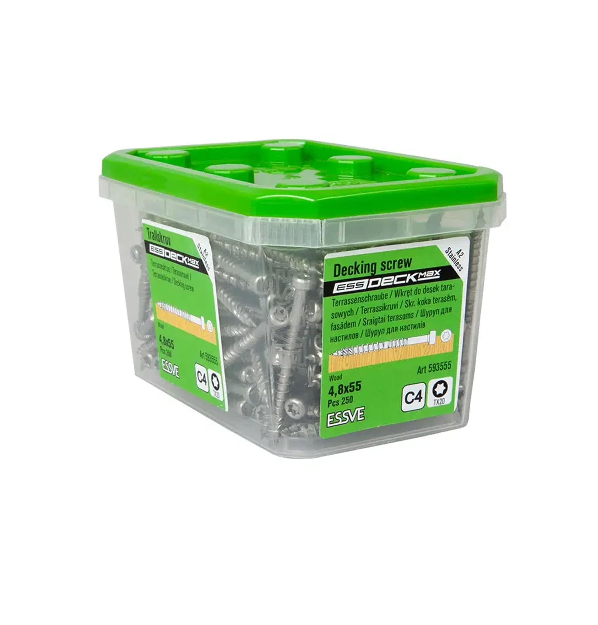 ESSVE ESSDECK MAX - Viti per terrazze, A2, in acciaio inox, 4,8 x 55 mm, antiruggine, autoforanti, TX, 250 pezzi