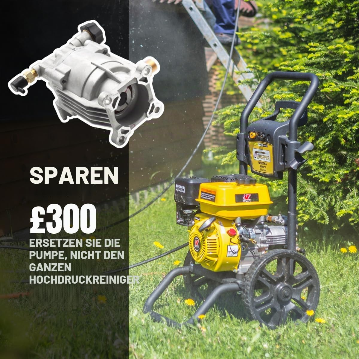 Hochdruckreiniger Pumpe 3000 PSI (200 Bar) – Horizontale Ersatzpumpe 6,5 HP mit 8,5 L/min Durchfluss für Benzin Hochdruckreiniger – Aluminium Pumpenkopf – Waspper PA000-PW28/2.5