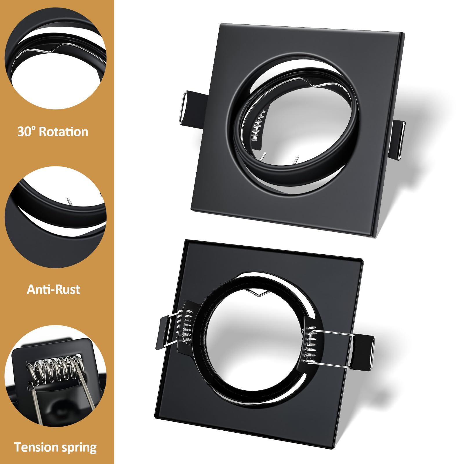 12x LED Einbaustrahler Rahmen mit GU10 Fassung, Eckig Matt Schwarz Metall Einbaurahmen, 68-80mm Lochmass, 30° Schwenkbar, inkl. GU10-Fassung für LED oder Halogen Leuchtmittel