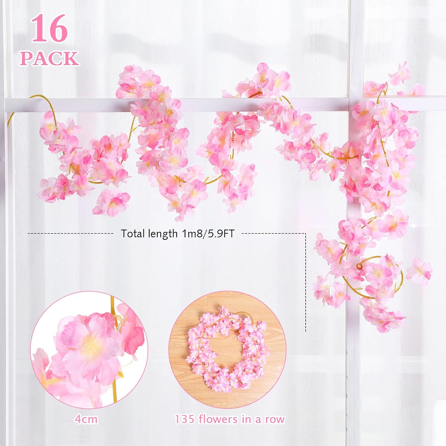 Nuenen 16 Pack 94.4ft Artificial Cherry Blossom Vines Cherry Blossom Flower Garland Hanging Silk Cute Room Decor for Japanese Kawaii Bedroom Party Wedding Spring Home Decorations (Pink)