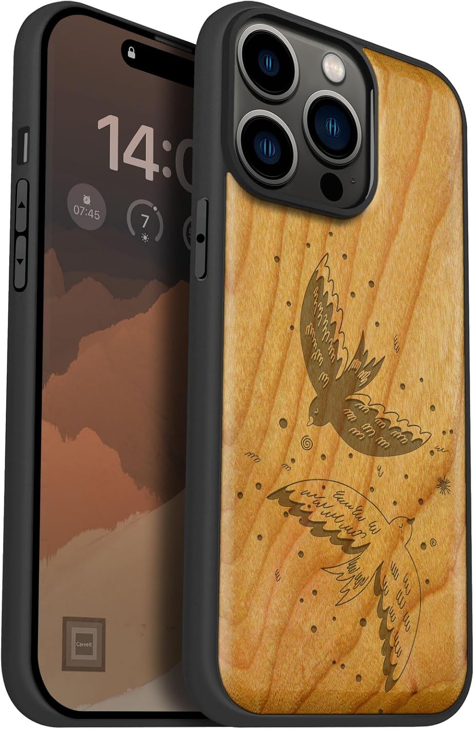 Carveit Magnetic Wood Case for iPhone 14 Pro Max [Natural Wood & Black Soft TPU] Unique & Classy Wooden Shockproof Protective Cover Compatible with magsafe (Minimalist Flight -Cherry)