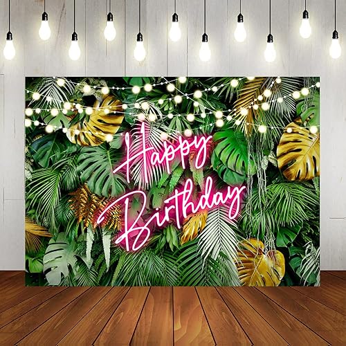 Lofaris Telón de fondo hawaiano tropical Aloha con hojas de palmera feliz cumpleaños, color rosa, neón, hojas verdes selva, fondo para adultos y