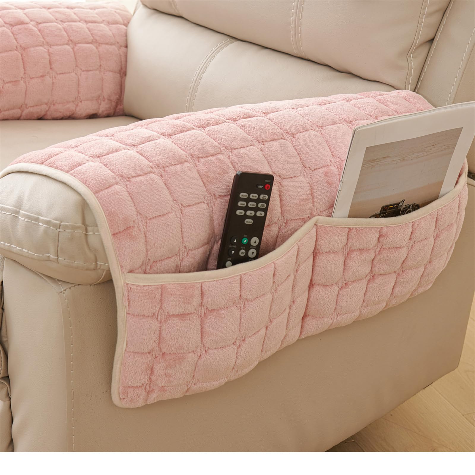 XDKS Anti-Slip Armchair Storage Bag, Headrest Covers for Chair Head Covers Furniture Winter Warm Sofa Headrest Leather Protector (Pink,Armrest)