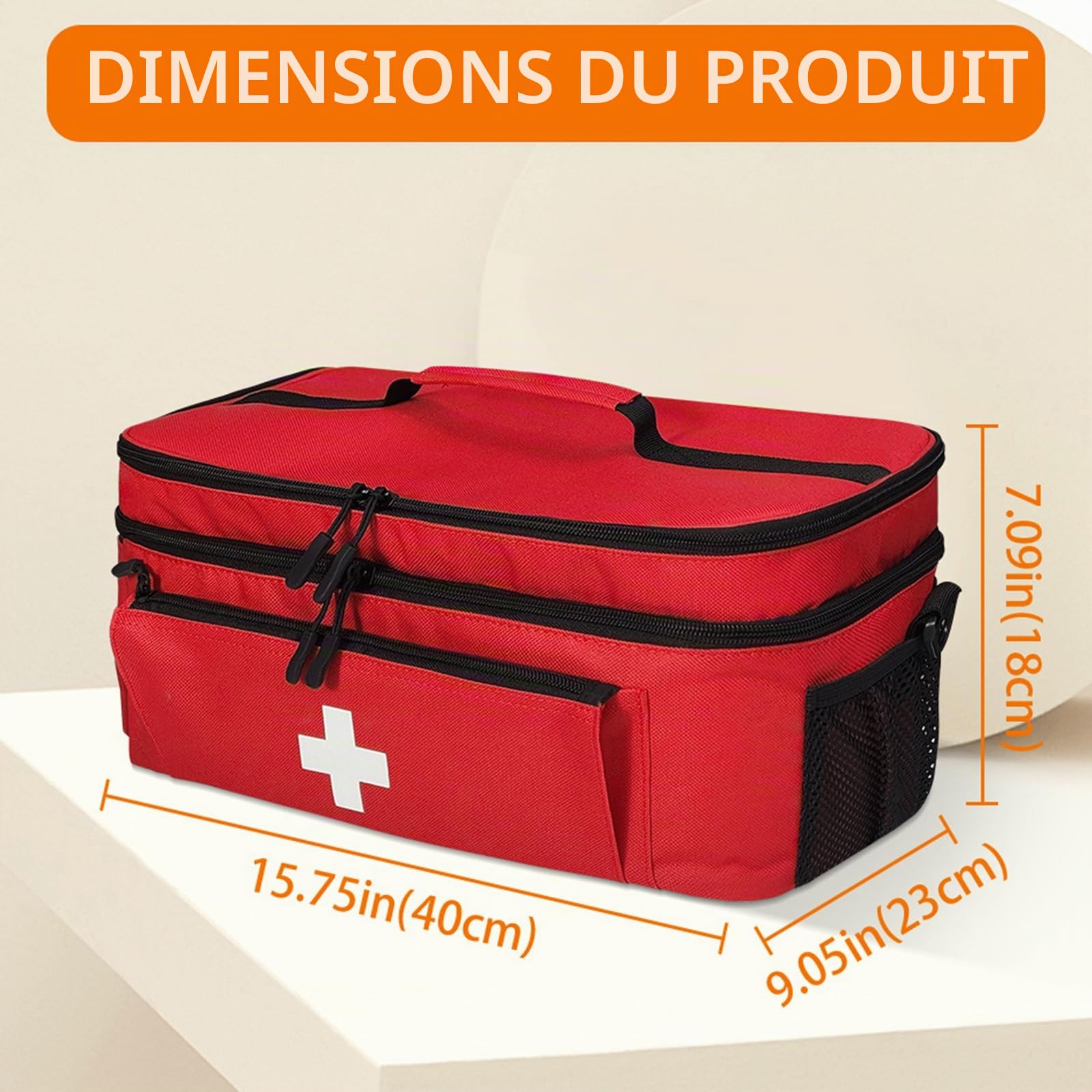 Sac médical portable étanche et résistant à l'usure avec bandoulière amovible, sac de premiers secours vide pour la maison, les voyages, les urgences, rouge (18 x 23 x 40 cm), rouge