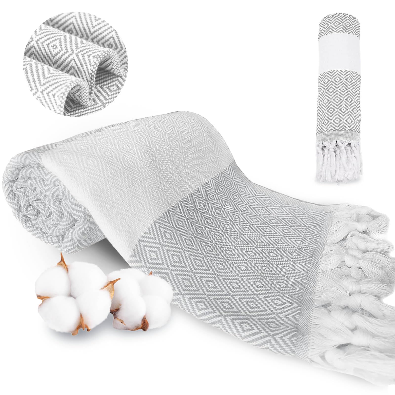 YumLock Turkish Beach Towel - 100% Cotton Quick-dry Bath Sheet, Oversized 180x100 cm, Sand-free with Boho Design for Pool, Travel, Yoga - Soft, Absorbent, Compact & Lightweight - Ideal Gift, Grey