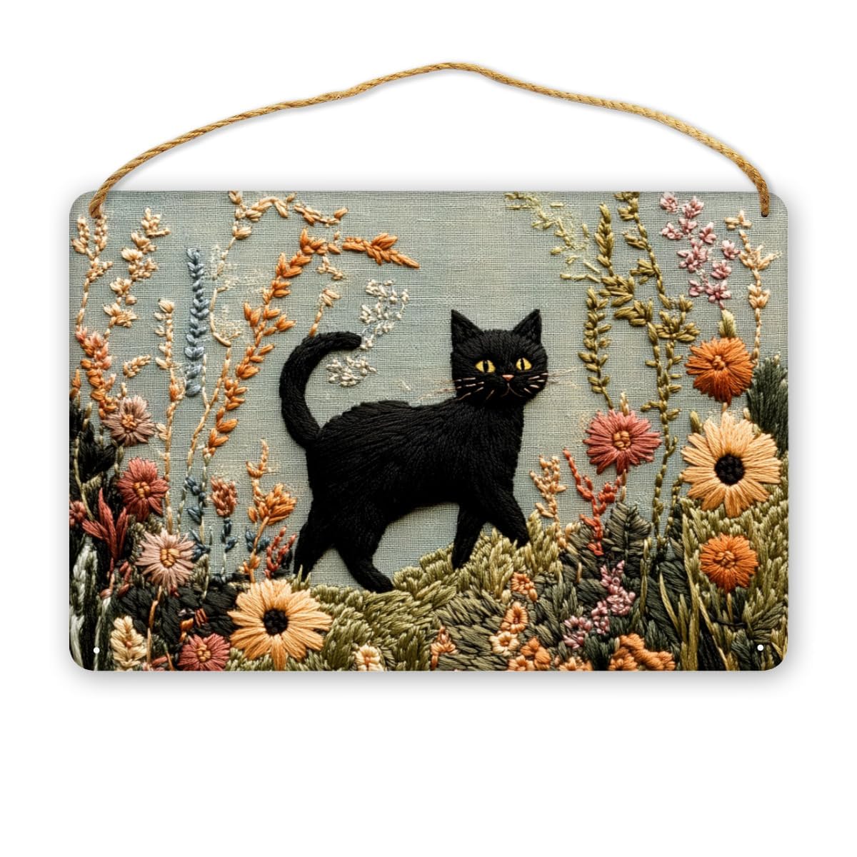 MANDALA SOUL Embroidered Black Cat In Flowers Wooden Sign 12x8 Inch, Charming Pet Wood Wall Art for Living Room, Rustic Farmhouse Wall Decors, Ideal for Cat Lovers & Nature Enthusiasts-image-0