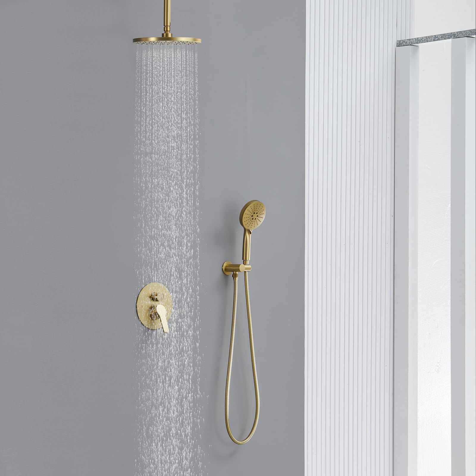 10 Inch Brushed Gold Shower System with High Pressure Rain Shower Head-3 Setting Handheld Shower head, Bathroom Mixer Shower Set Ceiling Mounted Shower Faucet Rough-in Valve and Trim Kit