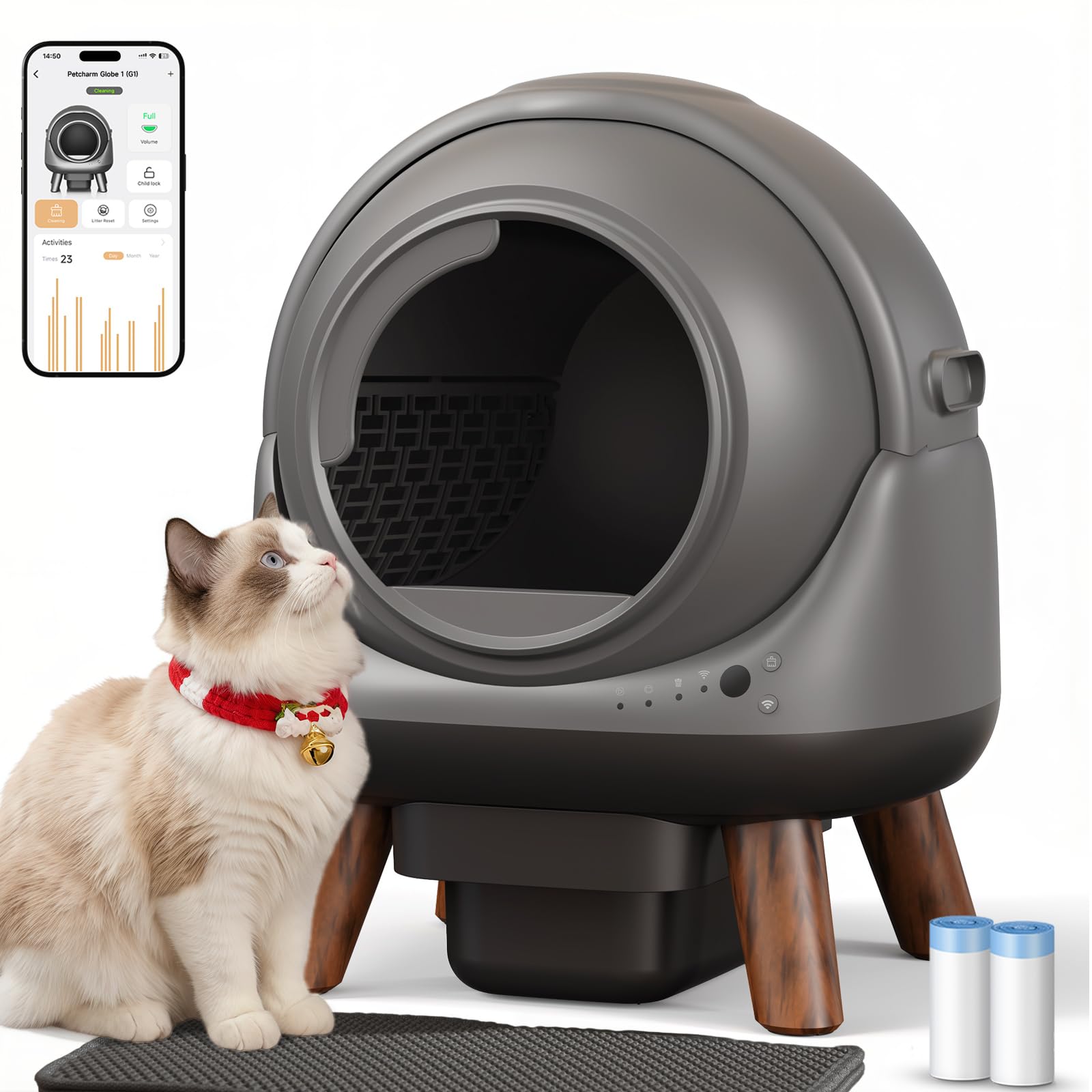 Automatic Litter Box with App Control, Smart Self Cleaning Cat Litter Box Easy Clean Disassembly,Suitable for Medium Cats, Electric Cat Toilet Robot for Multiple Cats Self Scooping Dark Grey