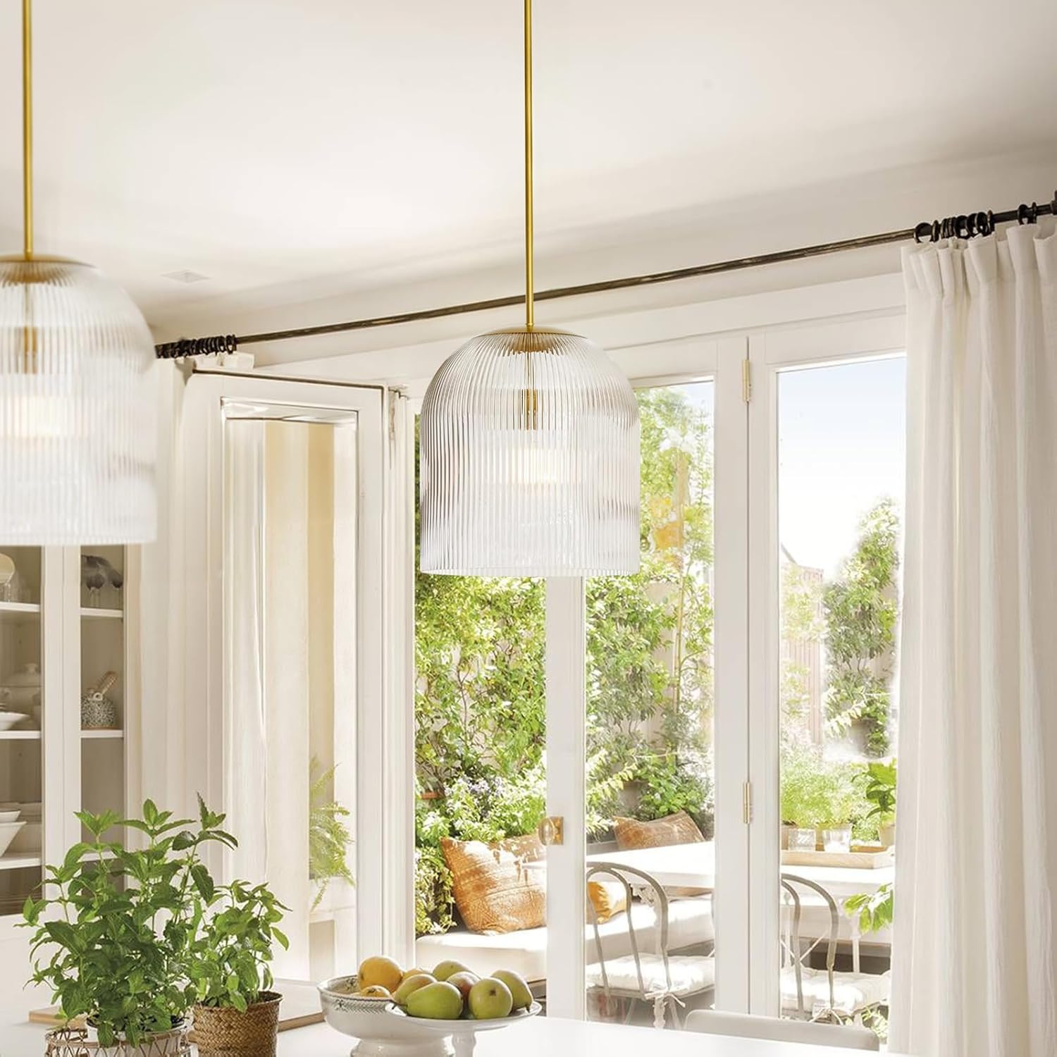 Ribbed Glass Pendant Light Fixture 5 Inch- Clear Vintage Industrial Shade, Adjustable Canopy for Sloped Ceilings, Kitchen Island Lighting, Dining Room & Home Decor Hanging Lamp Oval gold 5 Inch