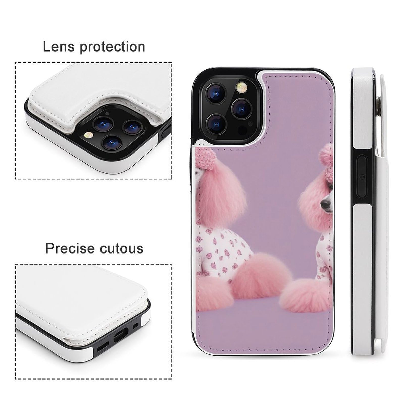 Funda tipo cartera para iPhone 12 Pro, diseño de caniches rosados con estampado de perros y caniches rosados, funda de piel con ranuras para tarjetas