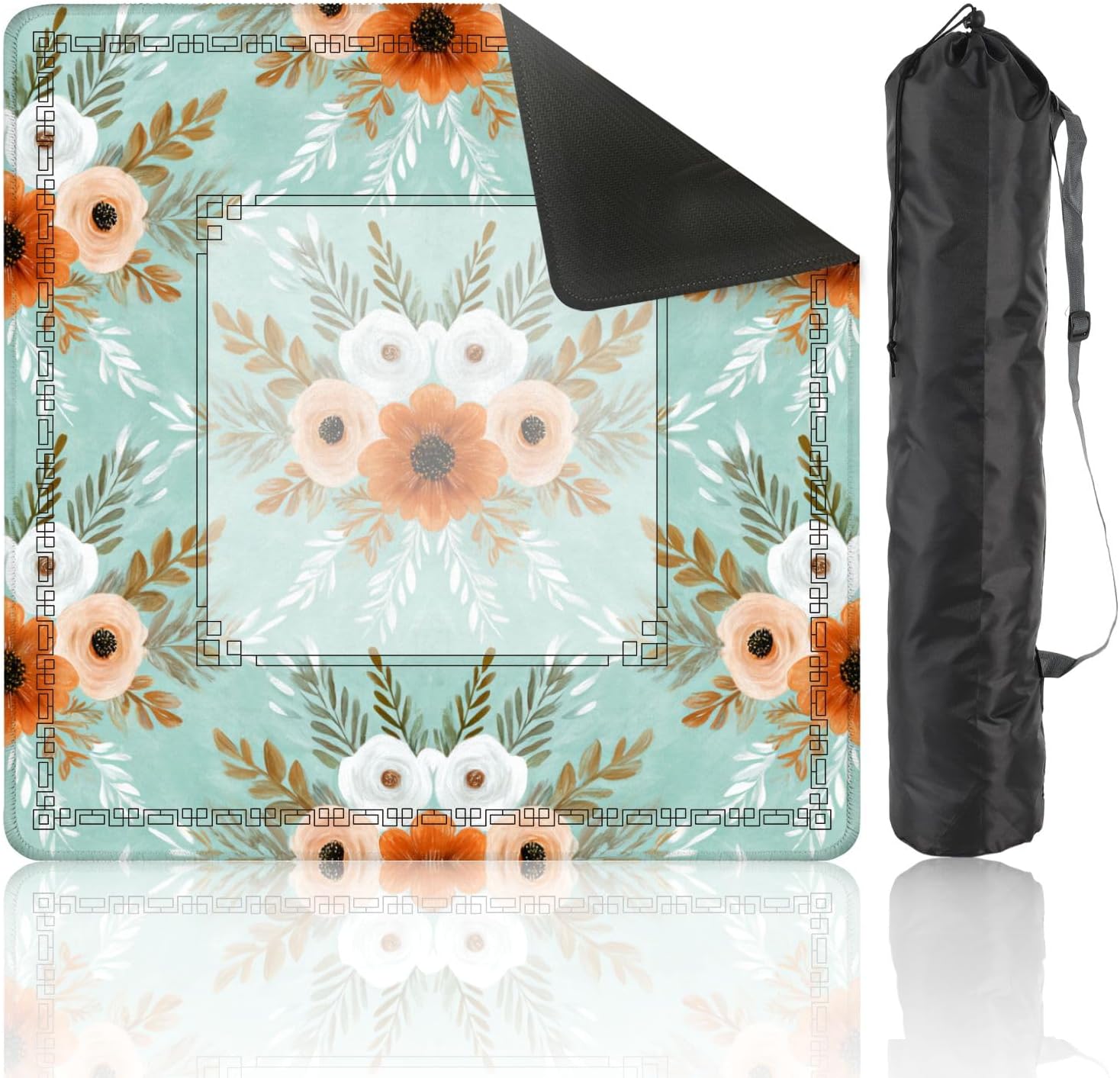 Mahjong Mat for Table Soft Teal Floral Intricate Folk Inspired Details 31.5" x 31.5" Non-Slip Noise-Reducing Game Mat Premium Mahjong Accessories for Poker Dominoes Hosting