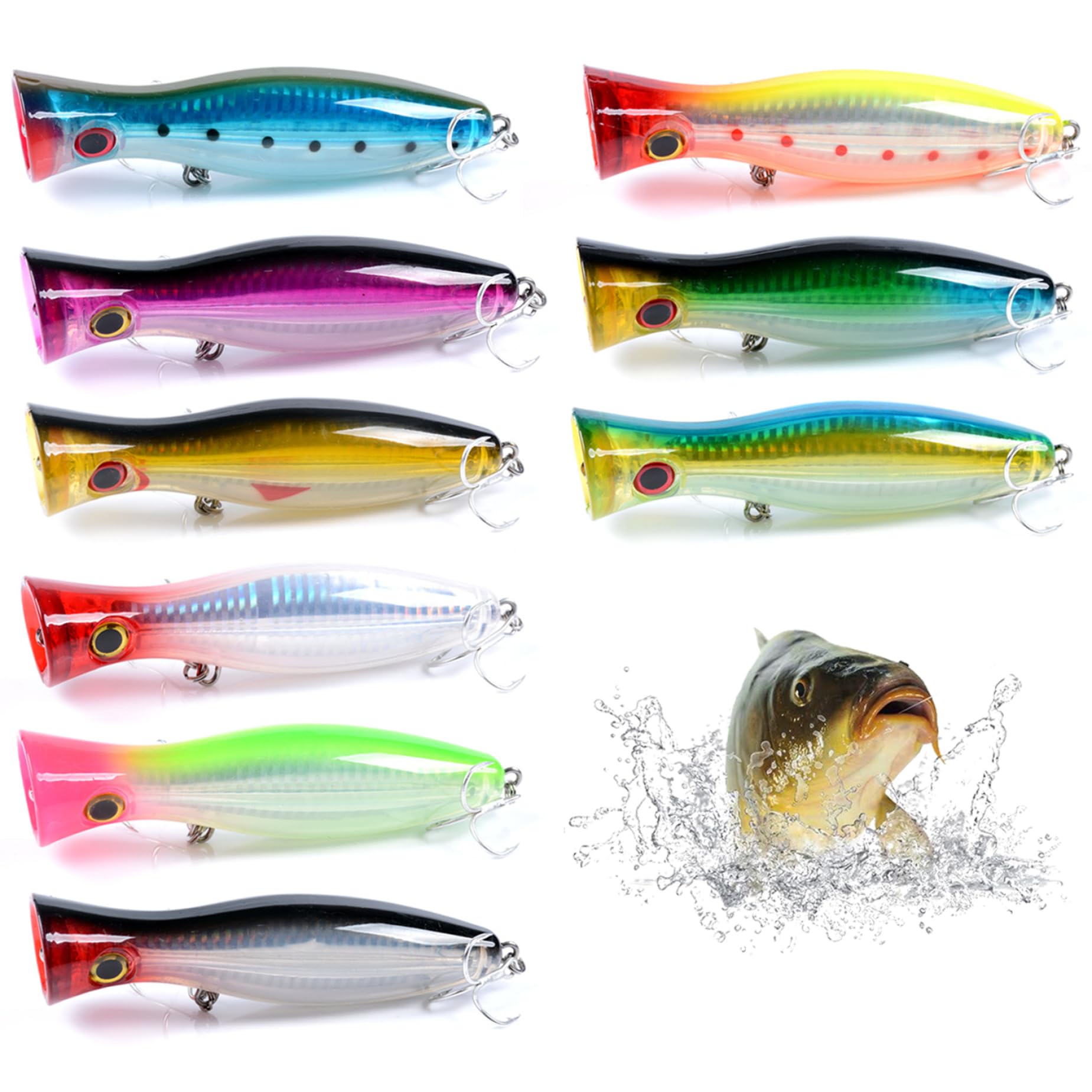 9 señuelos de Pesca con Ojos 3D realistas, señuelo de Pesca Popper con anzuelos triples, Cebo de Boca, natación en Agua Dulce y Salada para atún, lubina, tiburón