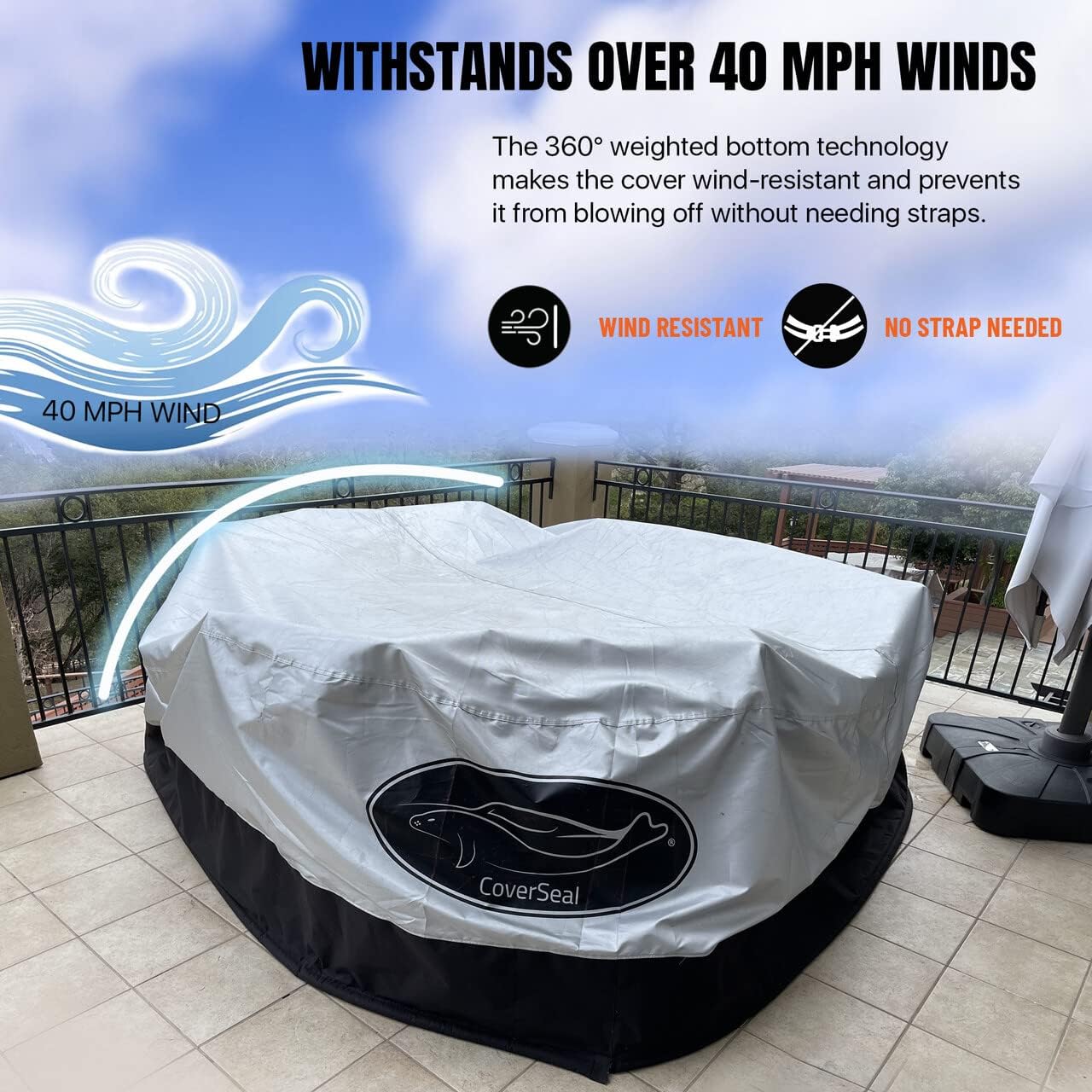 CoverSeal Round Water-Resistant Patio Furniture Cover with Patented Weighted Ground Conforming Apron Seal - Outside Furniture Cover for Outdoor Table and Chairs - Small 118 D x 39 H Inches : Patio, Lawn & Garden