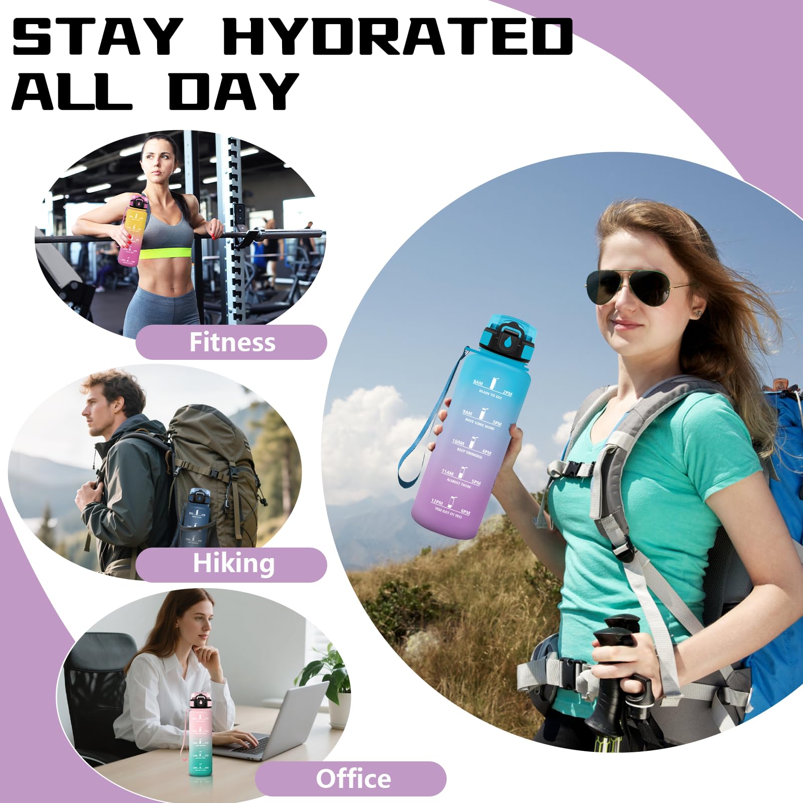 Gourde 1,5L, Gourde Sport Anti-Fuite, Gourdes avec Paille, Facile à Nettoyer, Gourdes Reutilisable avec Slogan de Motivation, Bouteille d'eau pour Running, Vélo, Camping, Randonnée