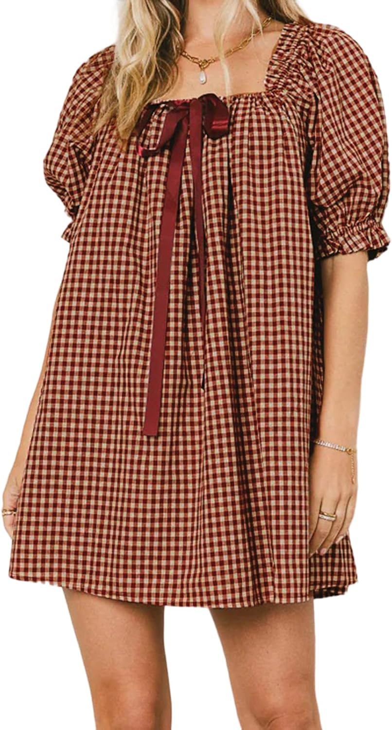 Women Gingham Short Dress Puff Sleeve Bow Tie Square Neck Plaid A-Line Babydoll Mini Dress