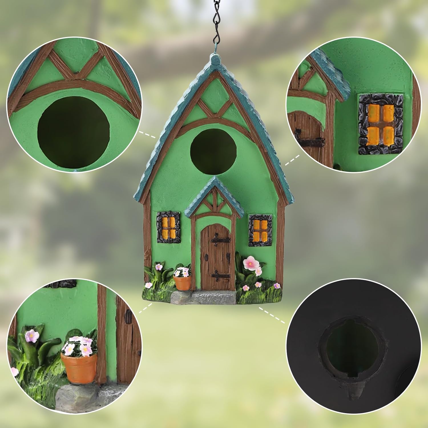 Bird Houses for Outside Green Cottage Resin Birdhouse, Garden Outdoor Decor Bird House with Flower and Stone Details, Birdhouses for Outdoors for Bluebird Finches Cardinals
