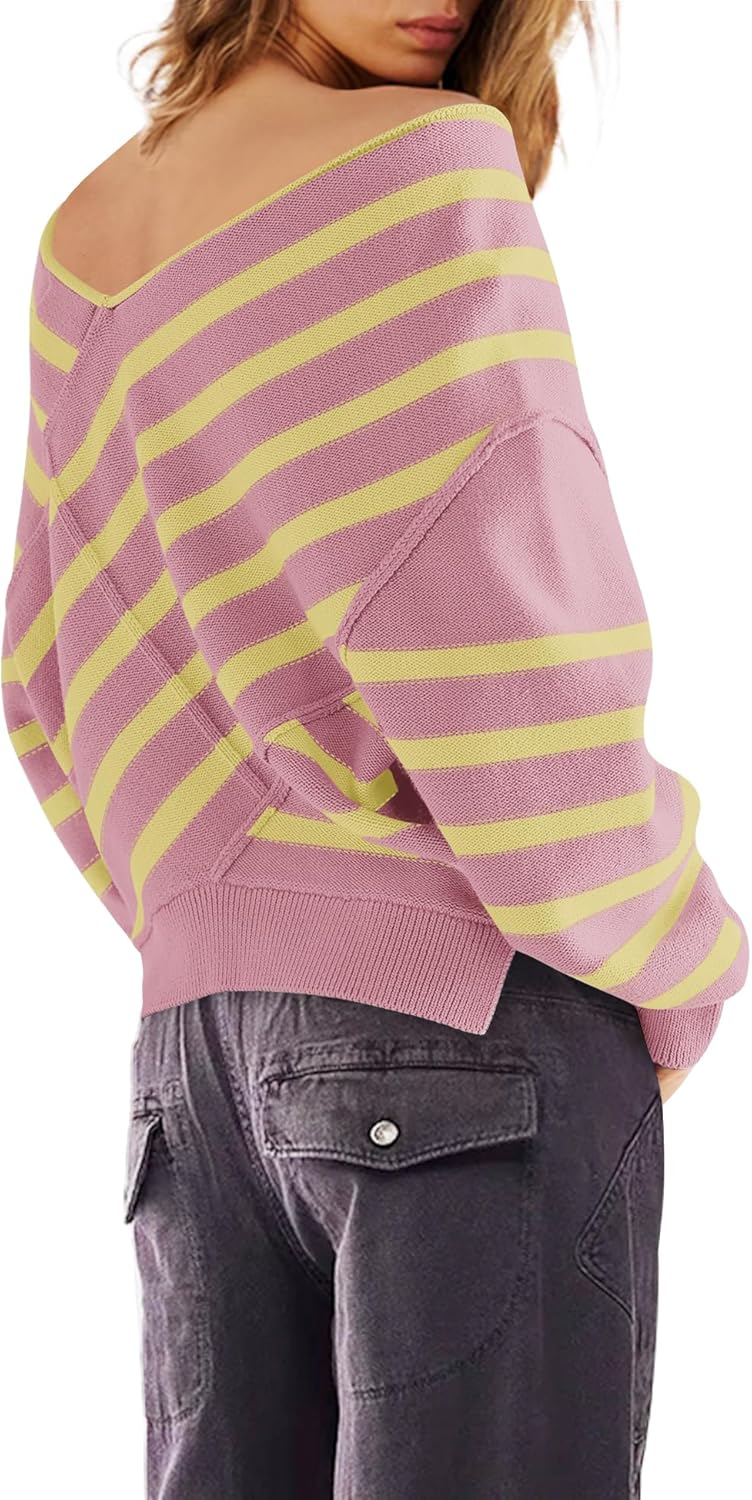 Panadila Womens Striped Off Shoulder Sweater Oversized Long Sleeve V Neck Sweater Tops Knitted Color Block Pullover - Image 4