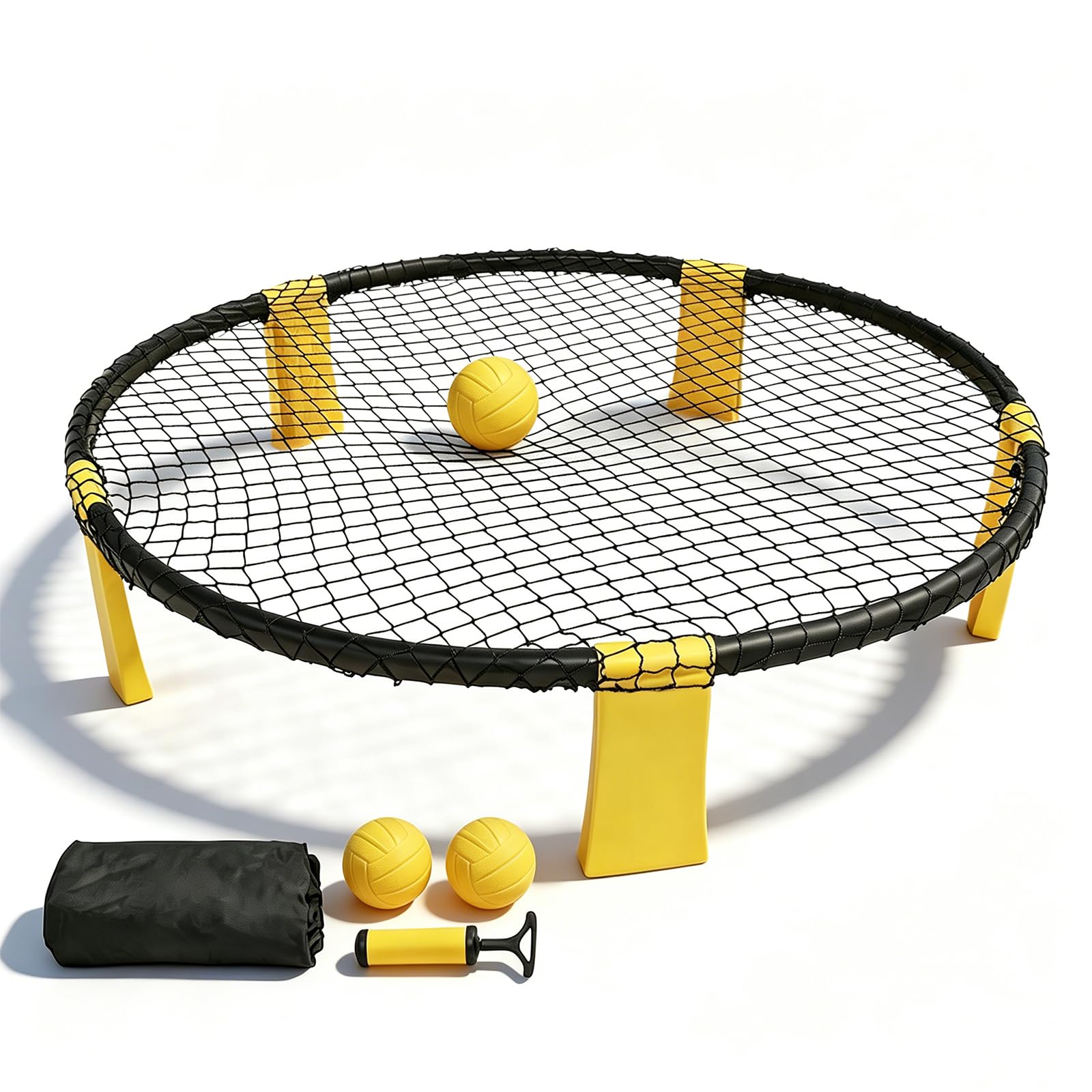 Profi Roundnet Set für Draußen Stabiles Outdoor Spieleset für Garten und Strand Tragbares Ballspiel für Erwachsene und Kinder inklusive Netz 2 Bälle Pumpe und Tasche Gelb