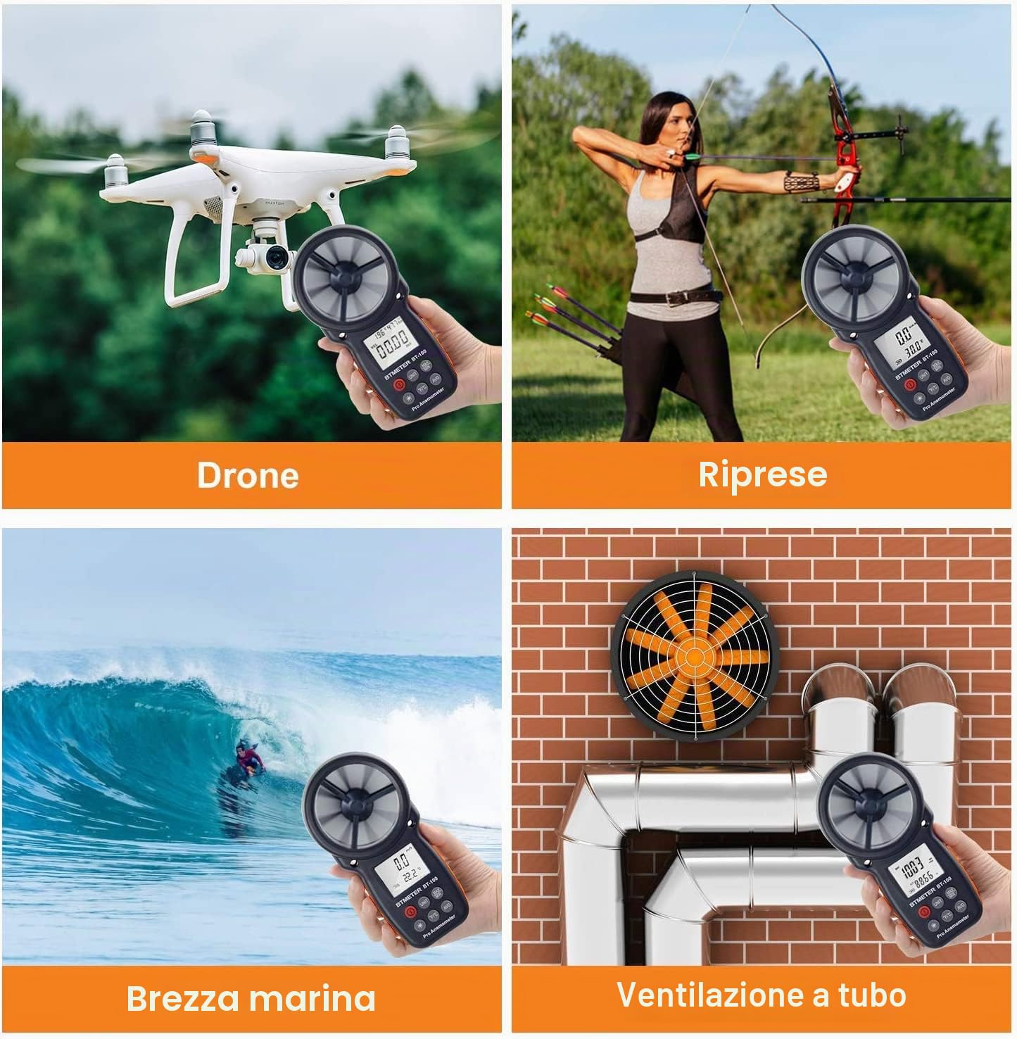 BTMETER BT-100 Anemometro Portatile, Misuratore di Velocità del Vento Digitale CFM del Flusso D'aria per Drone di Ripresa HVAC, Vento Freddo, Temperatura del Vento 14℉-113℉