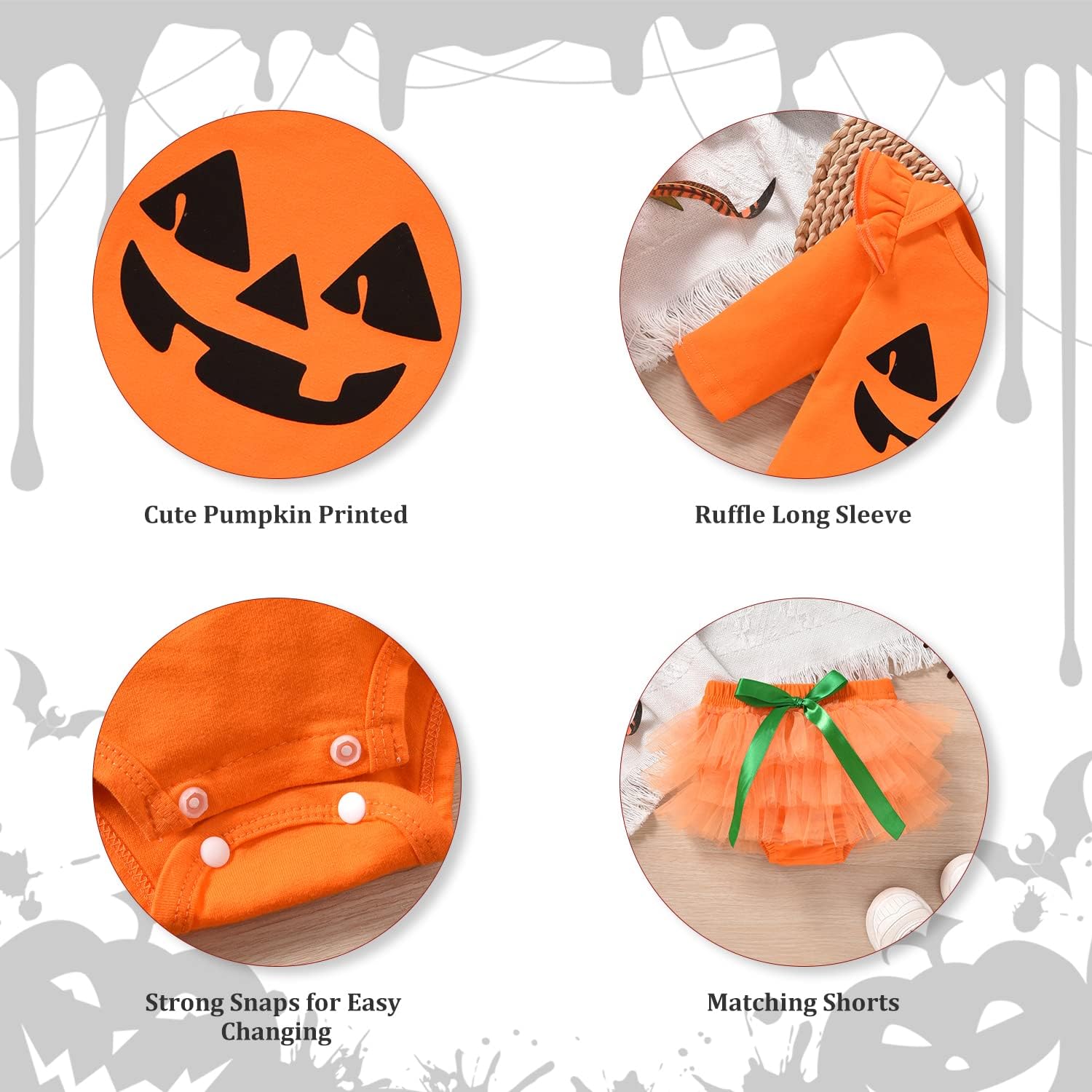 fioukiay Newborn Baby Girls Halloween Clothes Outfits Infant 4pcs Bodysuit Romper Shorts Clothing Sets