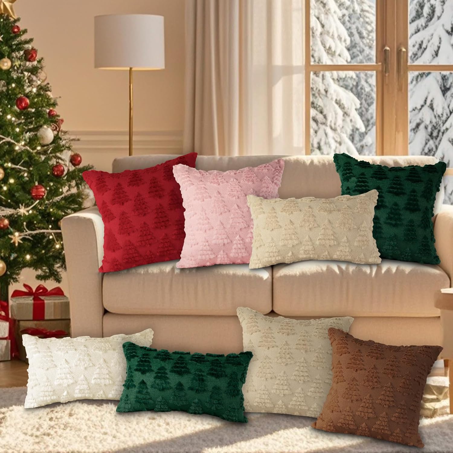 Lanpn Christmas 16x16 Throw Pillow Covers Set of 2, Winter Chrismas Tree Throw Pillow Cases Soft Plush Faux Fur Wool 16 x 16 Winter Cushion Cover for Indoor Home Bedroom Couch Sofa Decor (Beige) - Image 7