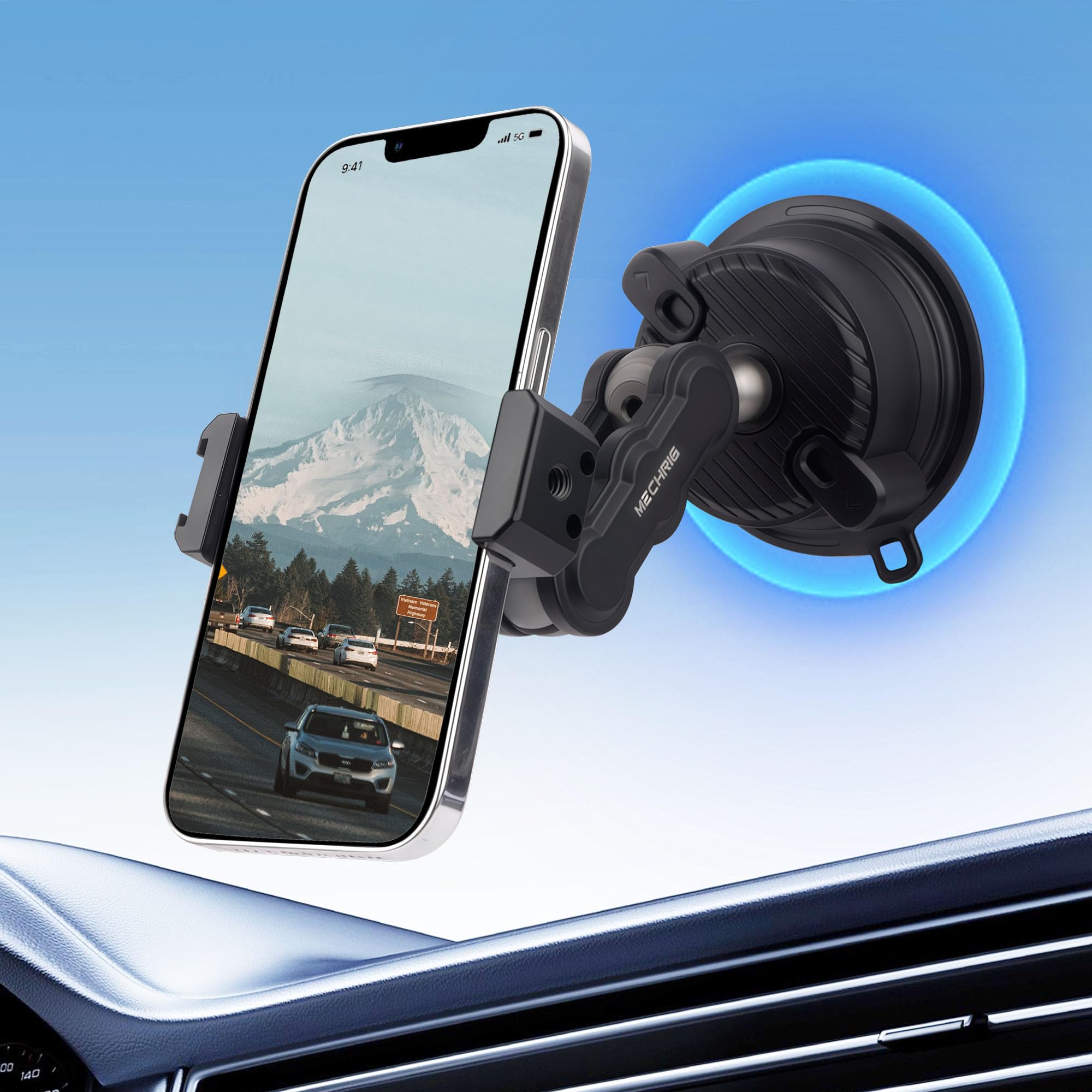 Universal Suction Cup Phone/Camera Mount with Ball Head Magic Arm, 360°Car Mount with Phone Holder & Action Cam Adapter for Windshield, Vacuum Suction Cup Mount Compatible with iPhone, Go pro (SJ014)