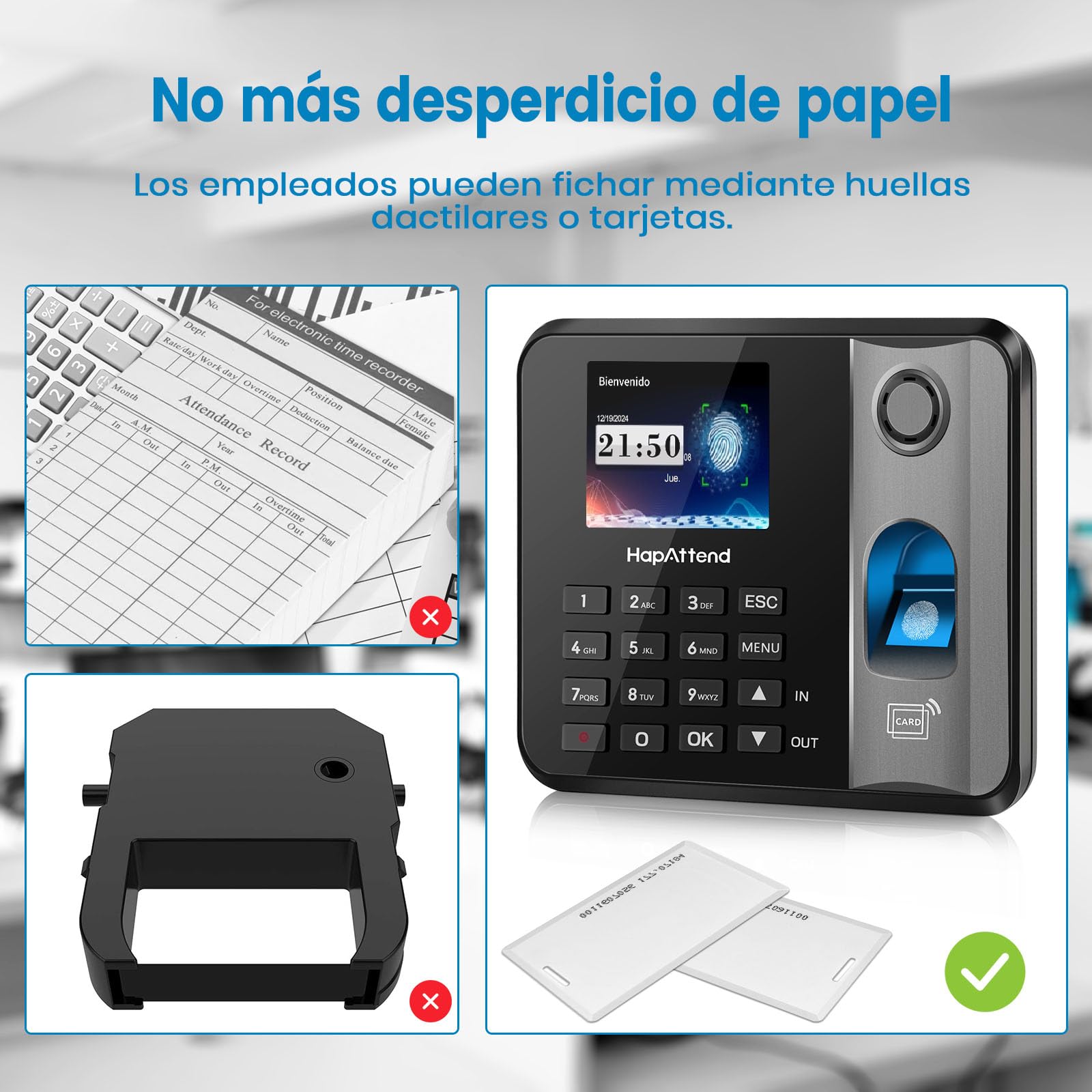 Control horario empleados, Español Reloj de fichar con Huella Dactilar, RFID Tarjetas, H1 Maquina de fichar empleados de hasta 3000 usuarios sin conexión Internet Negro Escáner