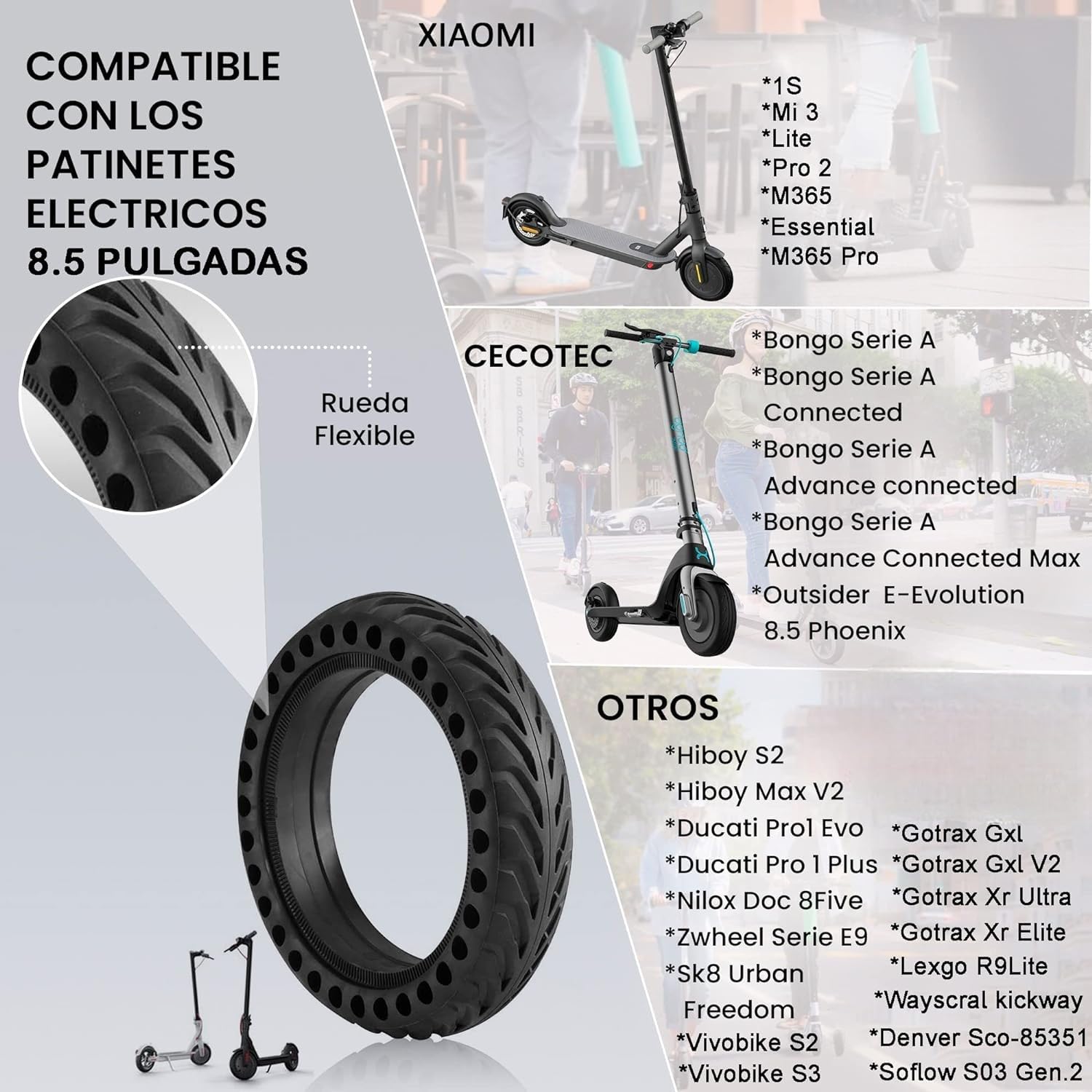 ANSENI® Pneumatico per Monopattino Elettrico, Antiforatura 8 1/2,per Xiaomi M365/Mi PRO 2/ 1S, Cecotec, e Tutti Gli Scooter da 8,5 Pollici