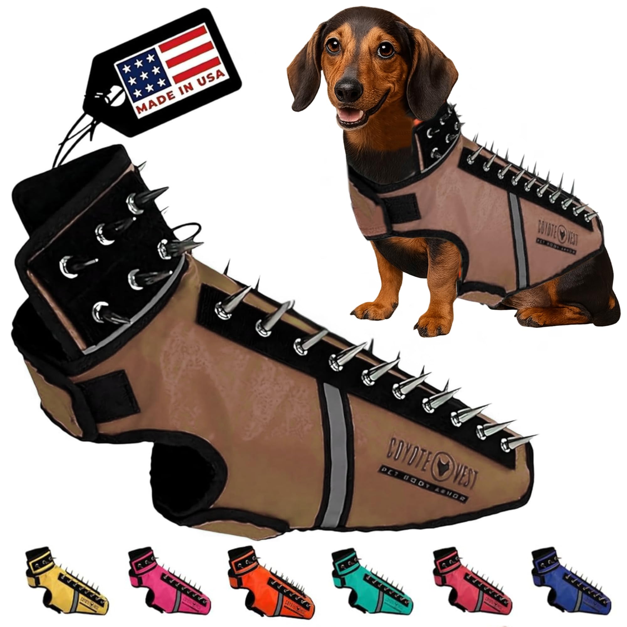 CoyoteVest SpikeVest Dog Harness Vest for Small Dogs, Reflective Dog Vest with Spikes to Shield Your pet from Coyotes, Raptor and Animal Attacks, Anti Hawk Vest, Made in USA (S-Texas Tan)