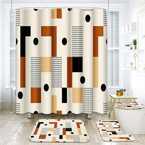 ArtSocket Juego de baño geométrico marrón con cortina de ducha y accesorios de alfombras, cinturón de cadena verde, cortina de ducha moderna retro