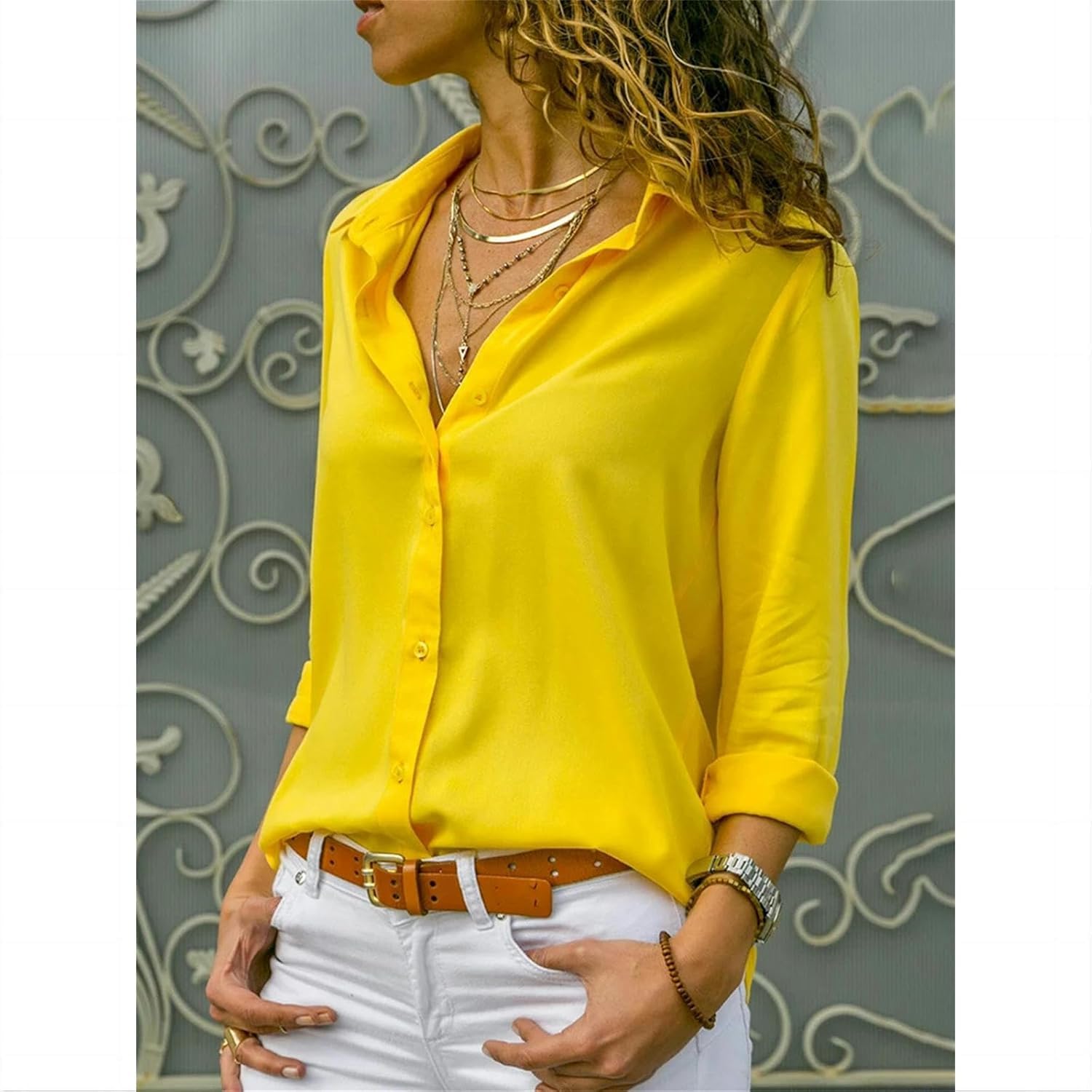 Damenblusen, Damen-Blusen, elegant, solide Chiffon-Bluse, Frühling und Sommer, lässig, langärmelig, V-Ausschnitt, lockeres Hemd, Schwarz, XL
