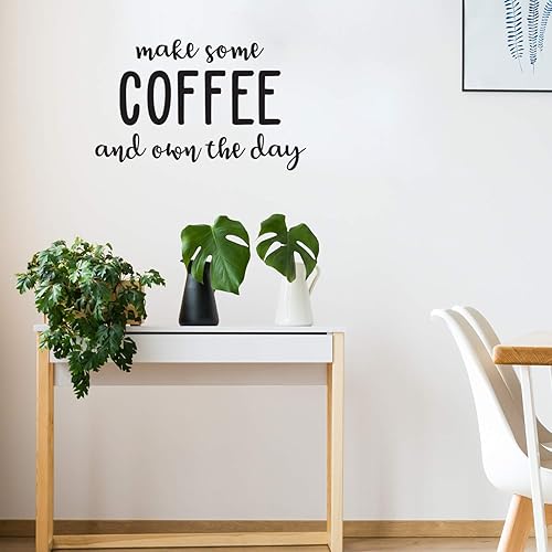 Calcomanía de vinilo para pared, prepara un poco de café y compra el día, 22 x 36 pulgadas, calcomanía moderna con cita de cafeína para amantes del