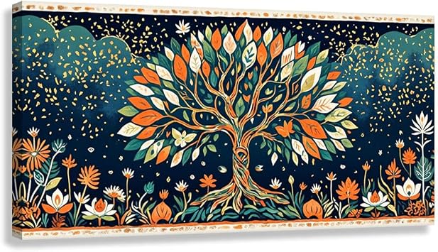 Tree Of Life Wall Art Canvas Print LifeS Harmony Decor Pictures Painting Artwork Spiritual Balance Nature Roots Leaves Blue Gold Living Room Bedroom Office 24X12Inch