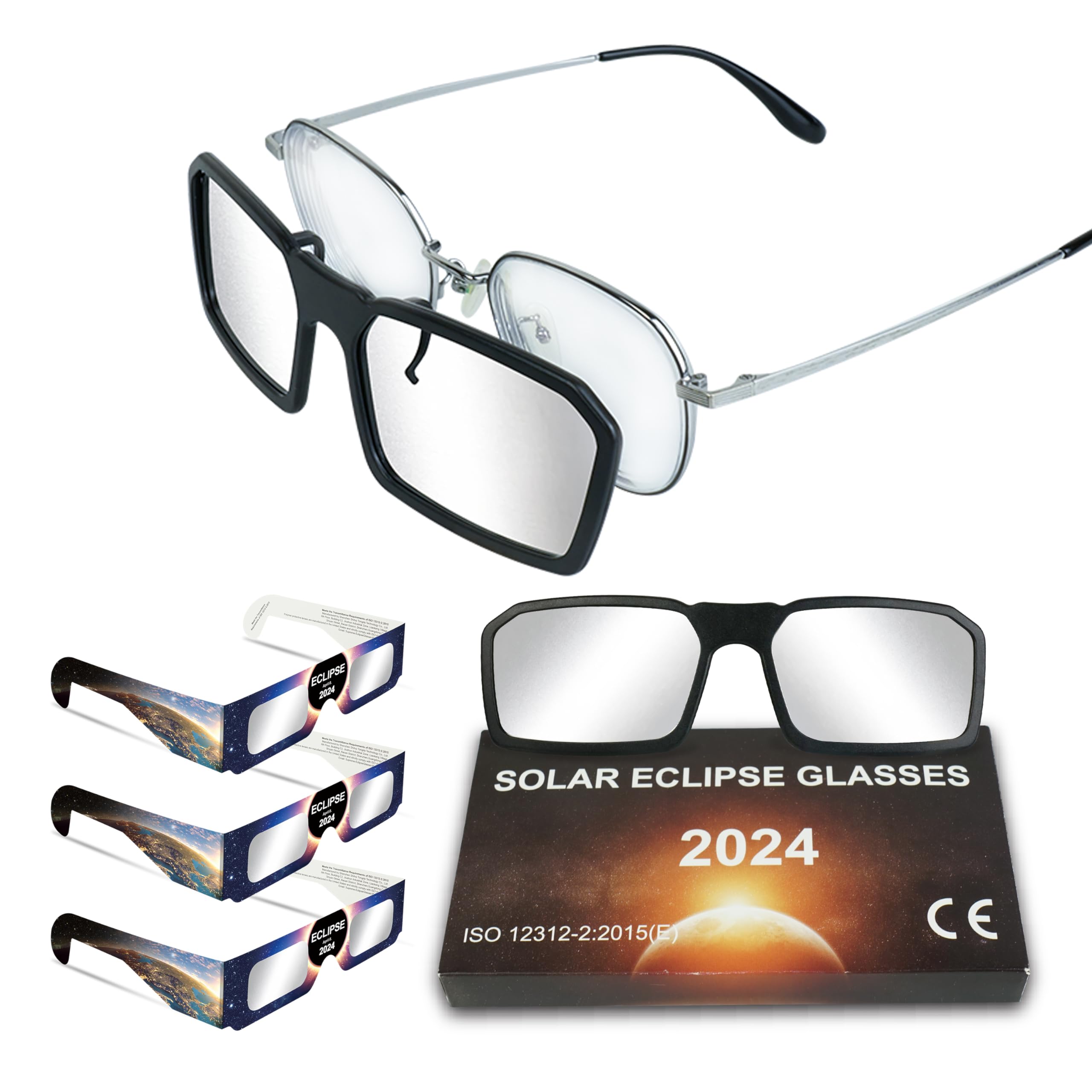 AAS Approved Solar Eclipse Glasses for Myopia Glasses, ISO & CE Safety 2024 New Eclipse Glasses for Direct Viewing Sun (3 Pack + 1 Clip-on Lens), Fr-2401