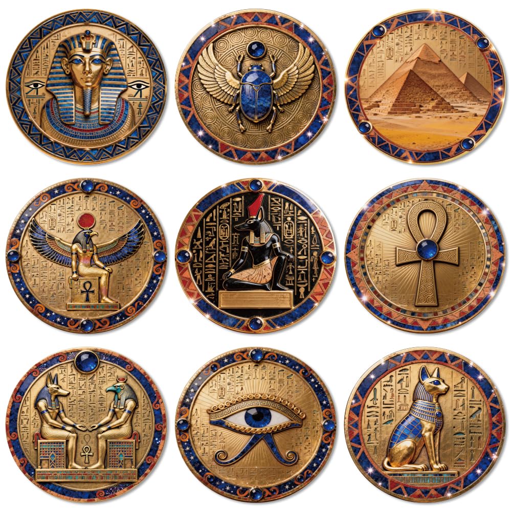 Dessous de verre peinture Égypte ANATTASOUL en bois, lot de 9 pièces rondes pour verres