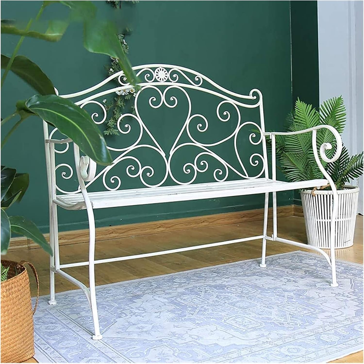 LaseVe Garden Benches, Patio Bench Park Bench Outdoor Conversation Couch, Outdoor Garden Bench Courtyard Double Chair, Metal Wrought Iron Leisure Porch Decorative Bench, Retro Bench with Hollow Back