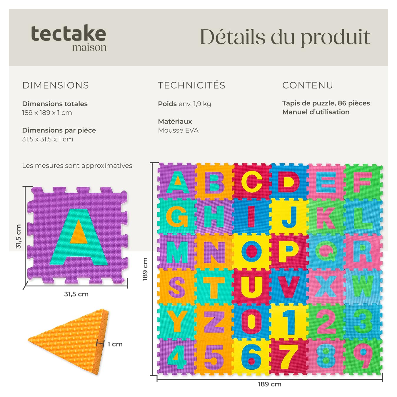 tectake® Tapis de Sol, Dalle Mousse Bébé Puzzle, 86 pcs, 36 Dalles en Mousse EVA, Chiffres et Lettres, 31,5 x 31,5 x 1 cm, Jeux Bebe, Puzzle Enfant, Jeux Eveil Bebe, Jeu Enfant, Tapis sensoriel Bébé