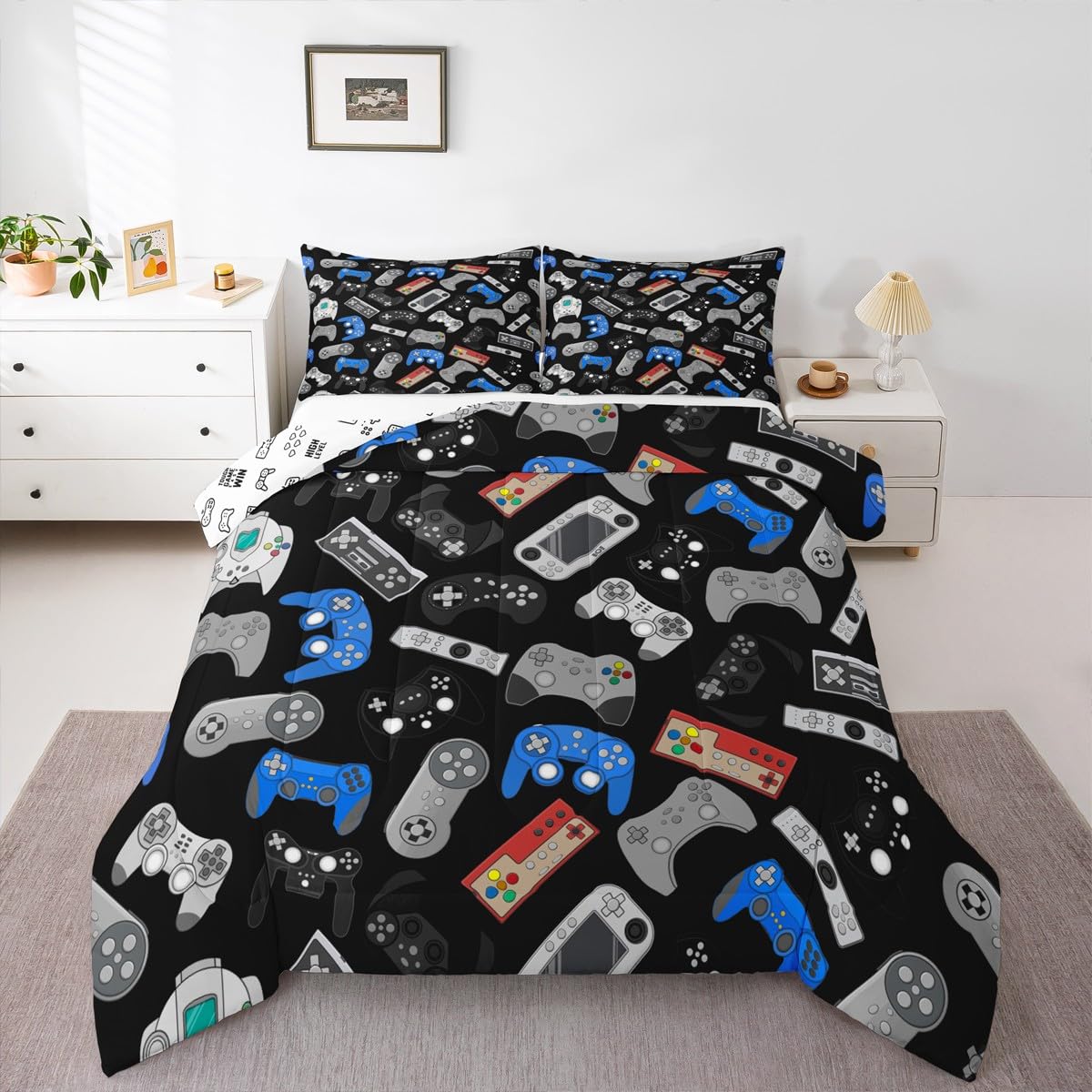 Erosebridal Teens Gamepad Comforter Set, Modern Gamer Down Comforter Twin Size for Kids Boys Children Youth, Video Game Bedding Set Player Gaming