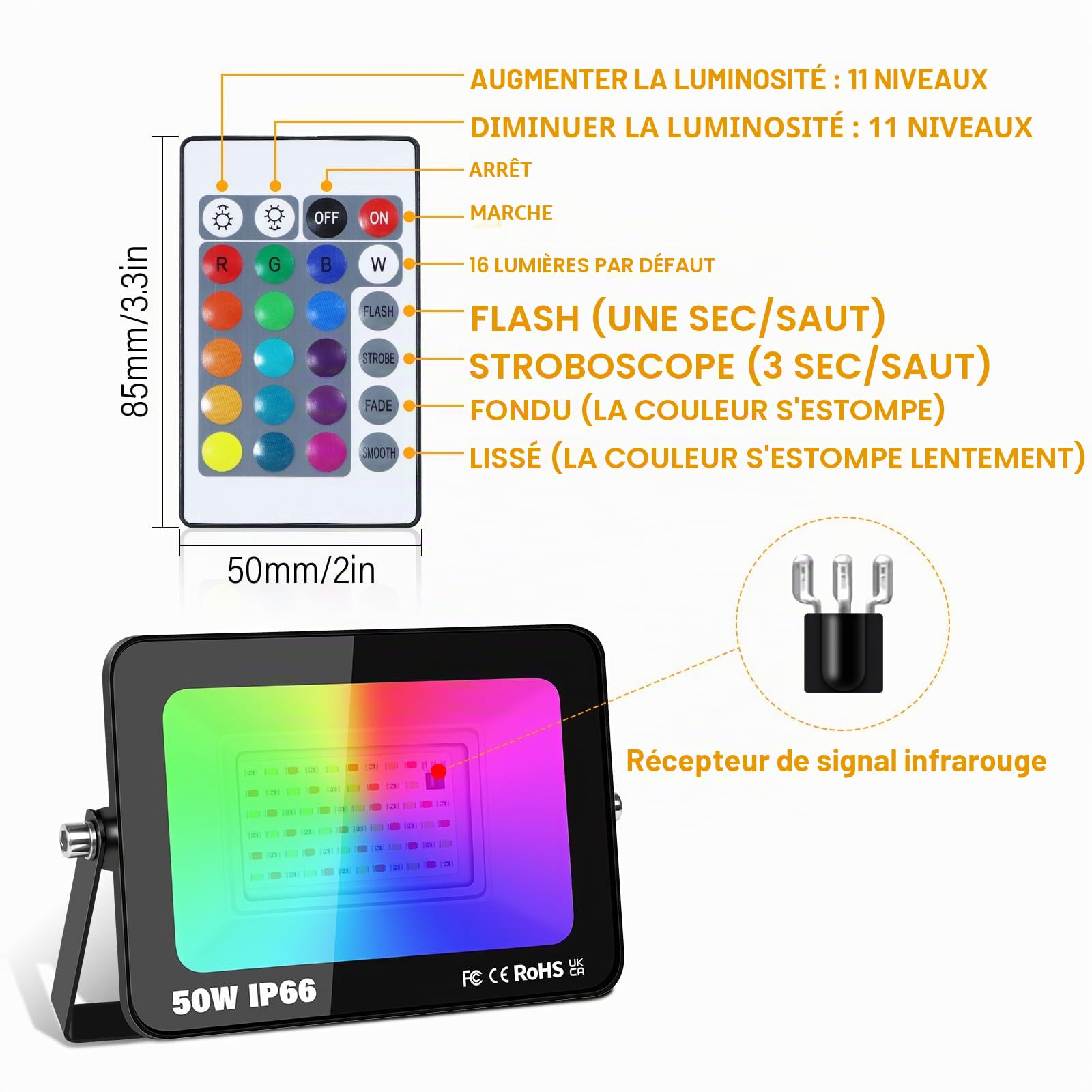 2pcs 50W RGB Projecteur LED Extérieurs avec Télécommande