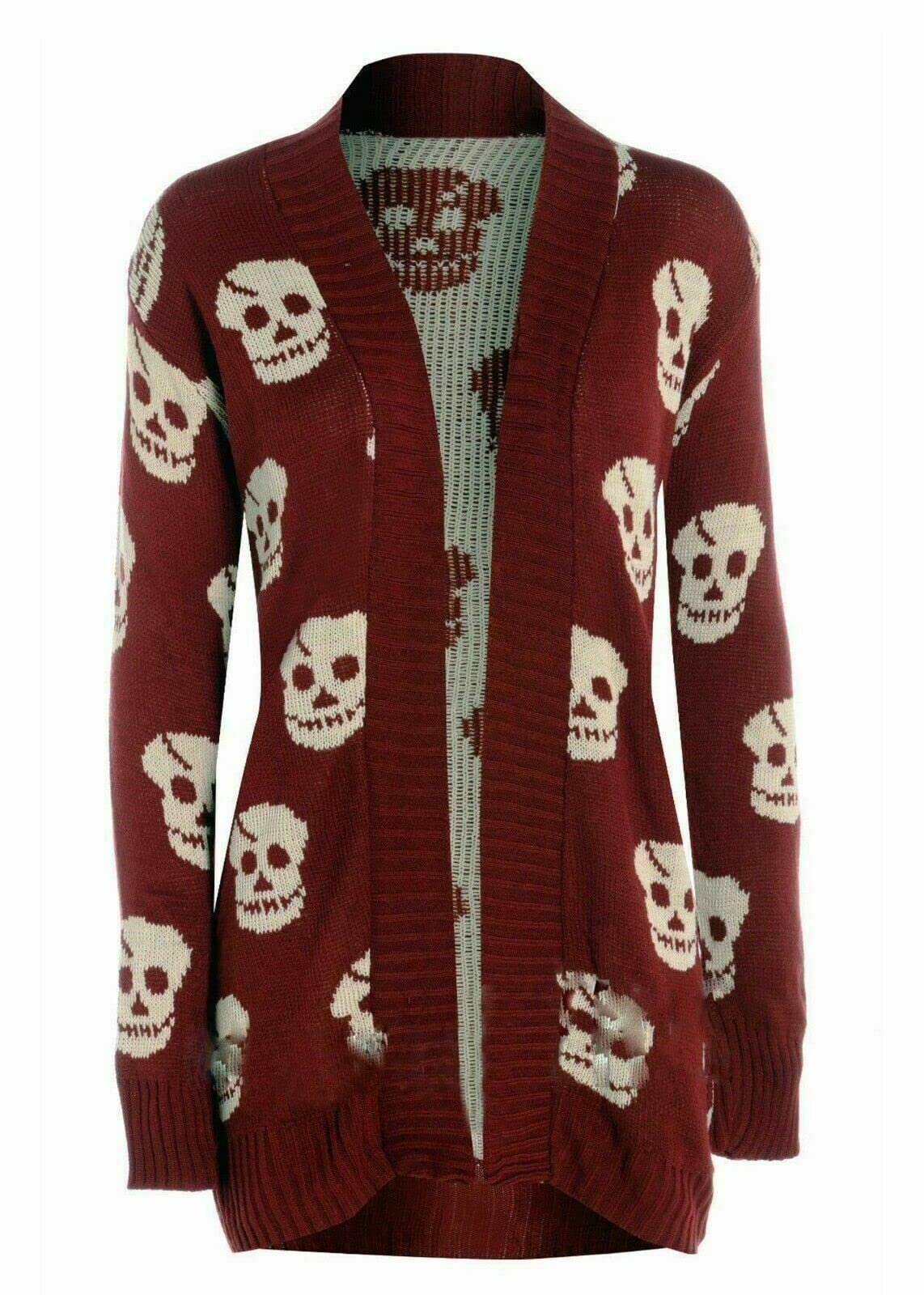 METLUQ M0D4 Women's Skull Skeleton Cardigan Ladies Open Front Knitted Halloween Cardigan UK (12-14, Wine)