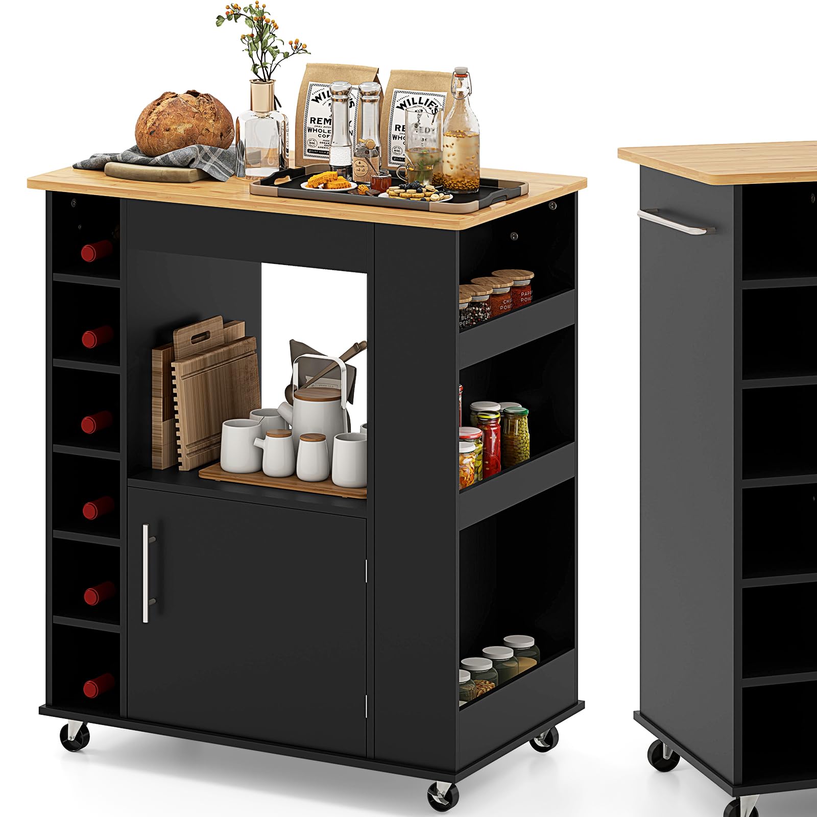 KOMFOTTEU Carrello da Cucina in Legno, Carrello di Servizio con 3 Organizzatori, Impugnatura e 6 Scomparti per vino, Isola da Cucina su Ruote con Piano in Bambù, per Sala da Pranzo, Bar (Nero)