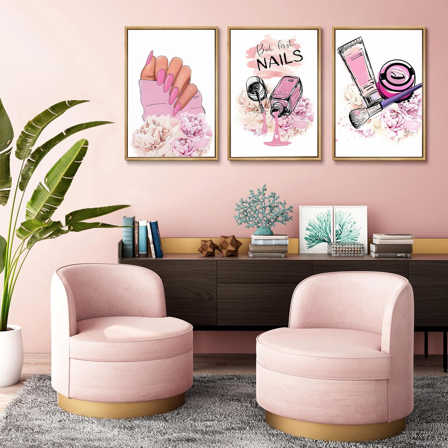 3Pcs Pink Fashion Women Nail Wall Art Nail Salon Teen Girls Bedroom Posters Print Makeup Brushes Liquid Foundation Pictures Decor For Bedroom Bathroom Dorm Decoration UnFramed