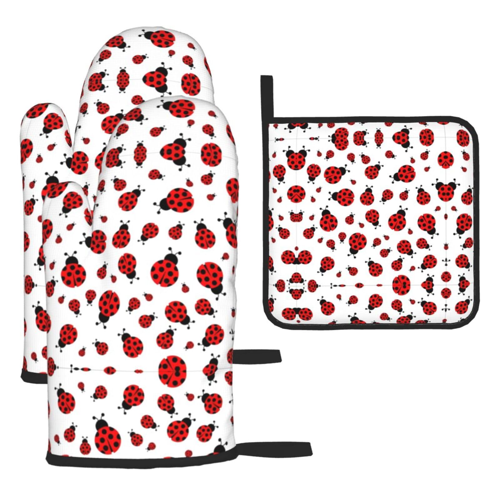 Ladybug 3 Piece Kitchen Oven Mitt Set Heat Resistant Gloves with Pot Holder Mat Polyester Printed for Cooking Baking BBQ Grill