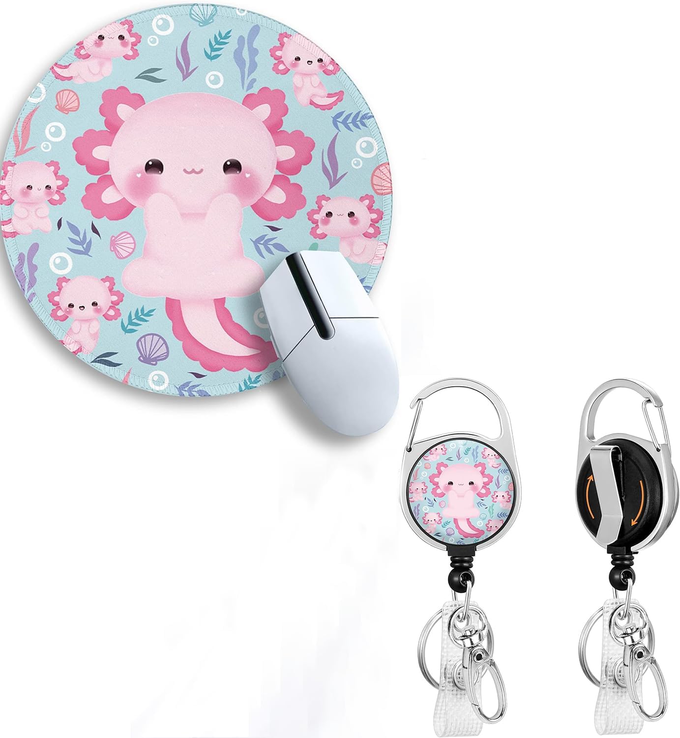 Cute Axolotl Retractable Badge Reel & Round Mouse Pad Bundle - Gifts for Women, Mom, Teacher, Nurses, Pediatricians, Girls, Students Trendy Stuff