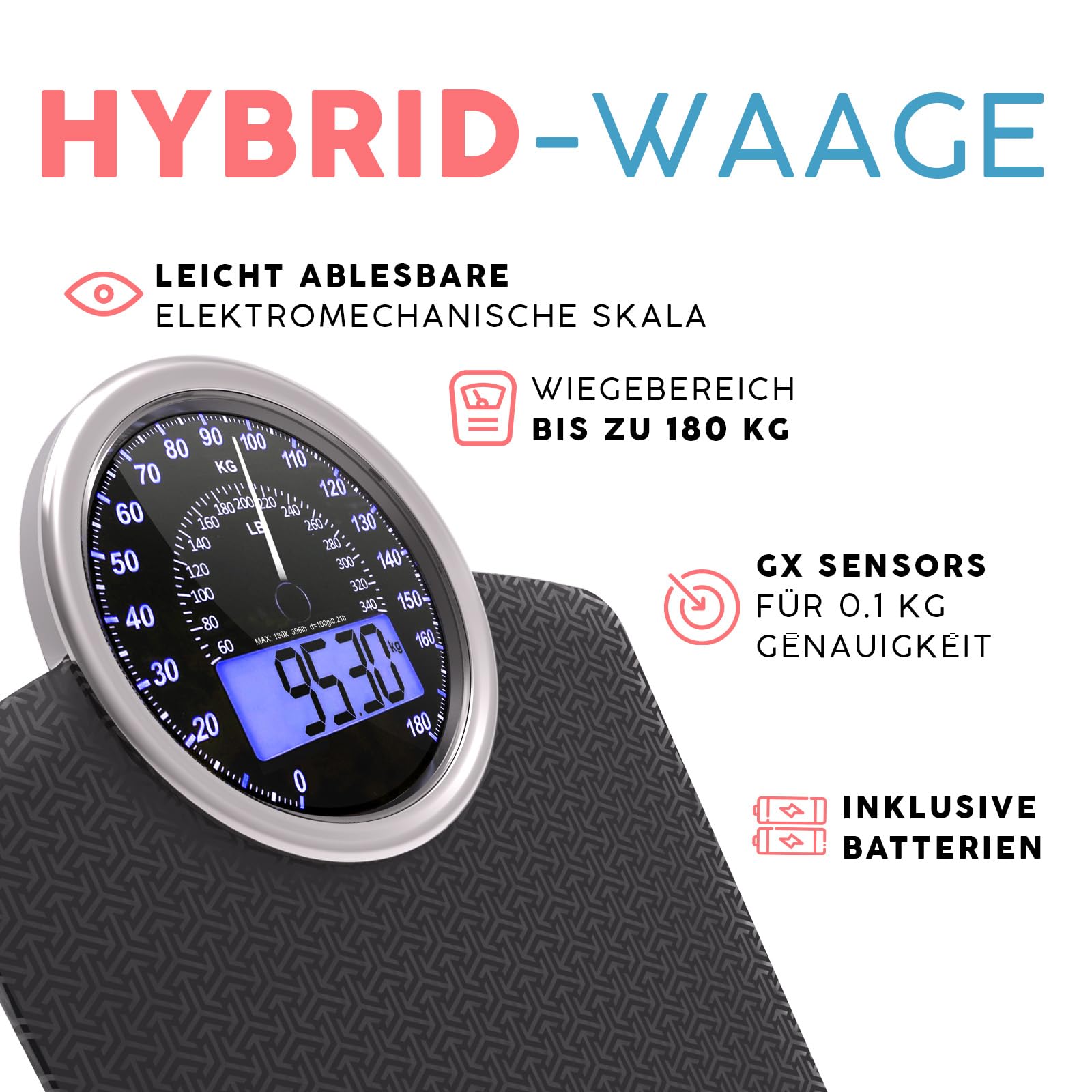 Hybrid 2-in-1 Analog- und Digitalwaage bis 180 kg mit Großem Display | Präzise GX-Sensoren auf extra breiter Plattform aus gehärtetem Glas, Matrix Schwarz