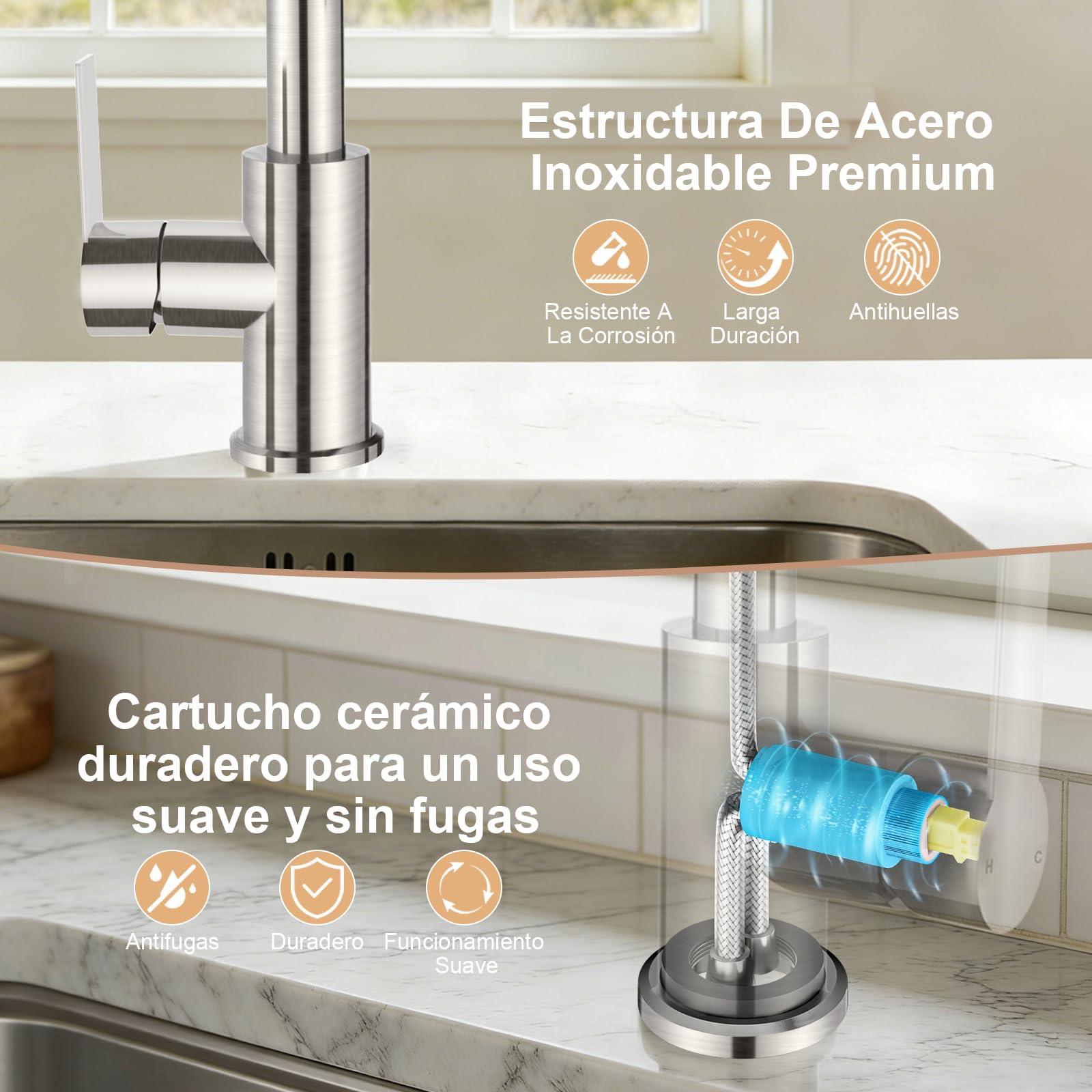 Grifo Cocina, Moderno Grifo Cocina Extraible con Ducha de 2 Modos y 360° Giratorio, Caño Alto para Grifos Cocina Fregadero, Mezclador Monomando, Acero Inoxidable Cepillado