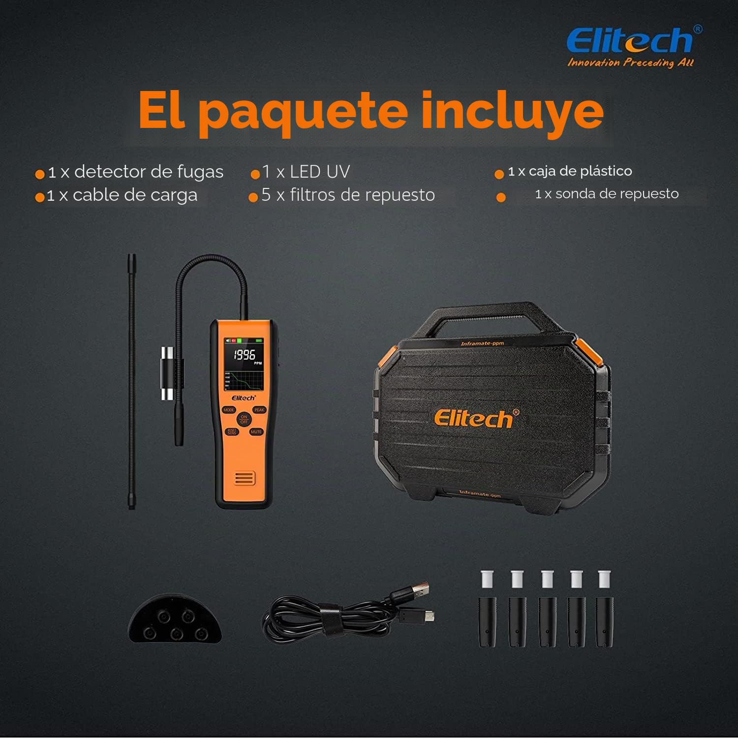 Elitech Detector de Fugas de Gas Refrigerante por Infrarrojos PPM, Detector de Fugas HVAC con posicionamiento Fijo, Viene con función de aplicación y actualización OTA.